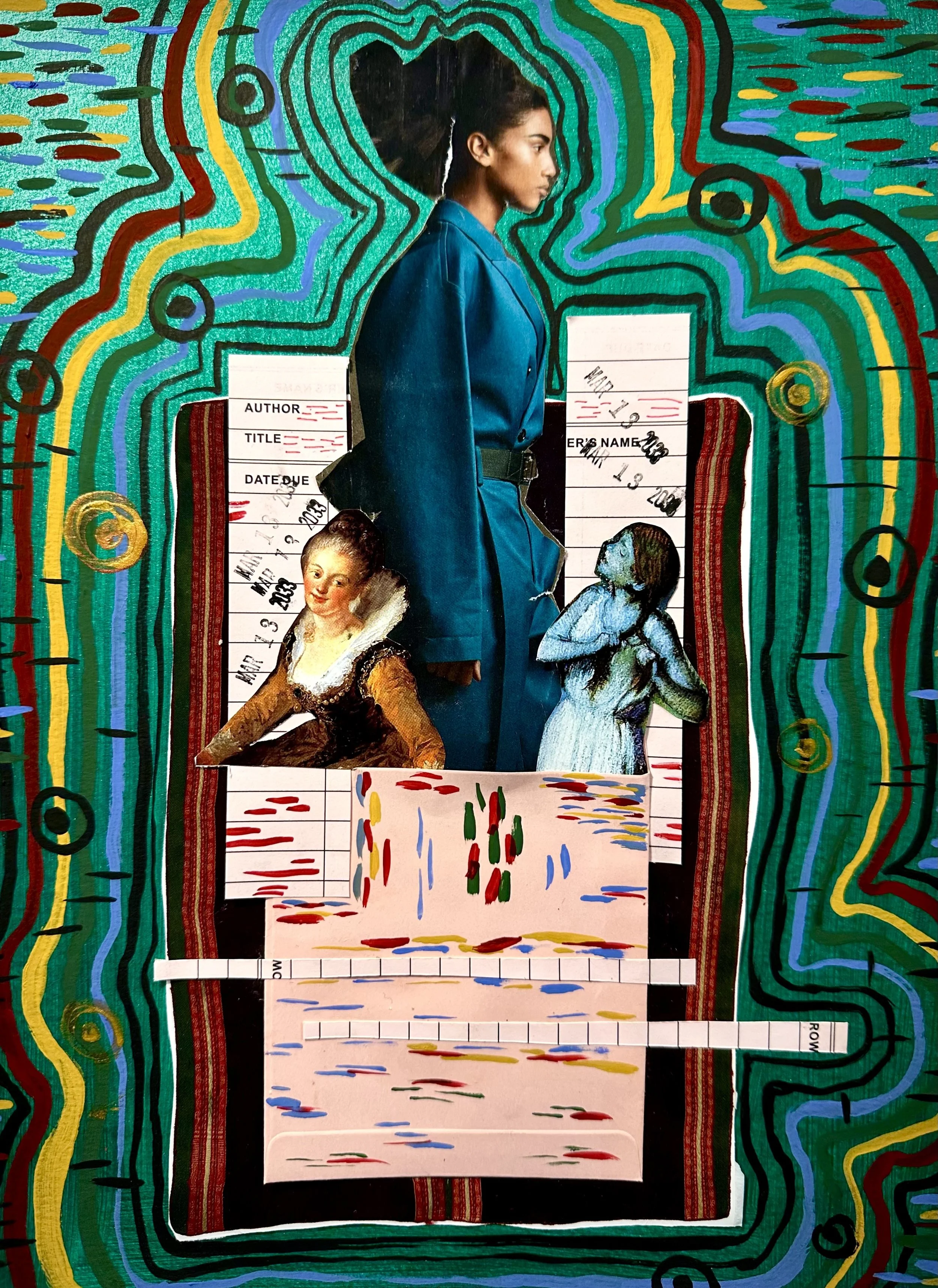 A mixed-media collage featuring a woman with dark hair in a blue coat, two vintage-style illustrated girls, and colorful background lines resembling a topographic map.