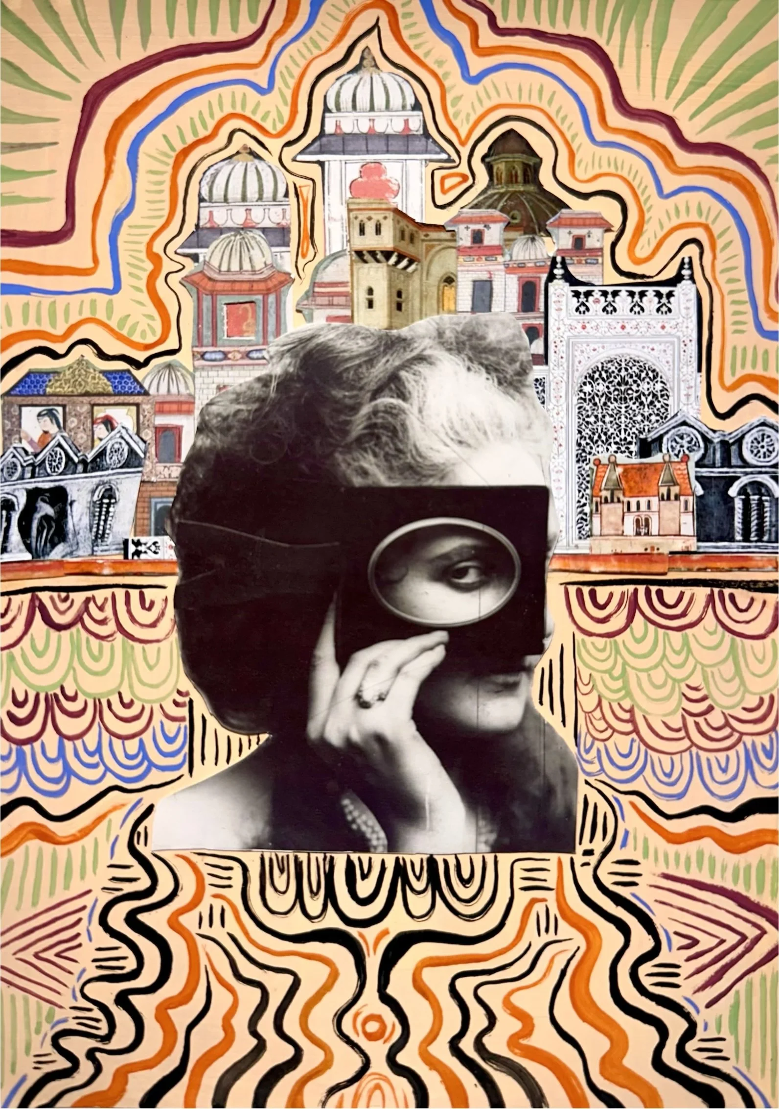 Black and white photograph of a woman holding a magnifying glass in front of her face, superimposed on a colorful background of illustrated buildings with domes and arches, surrounded by wavy, colorful lines.