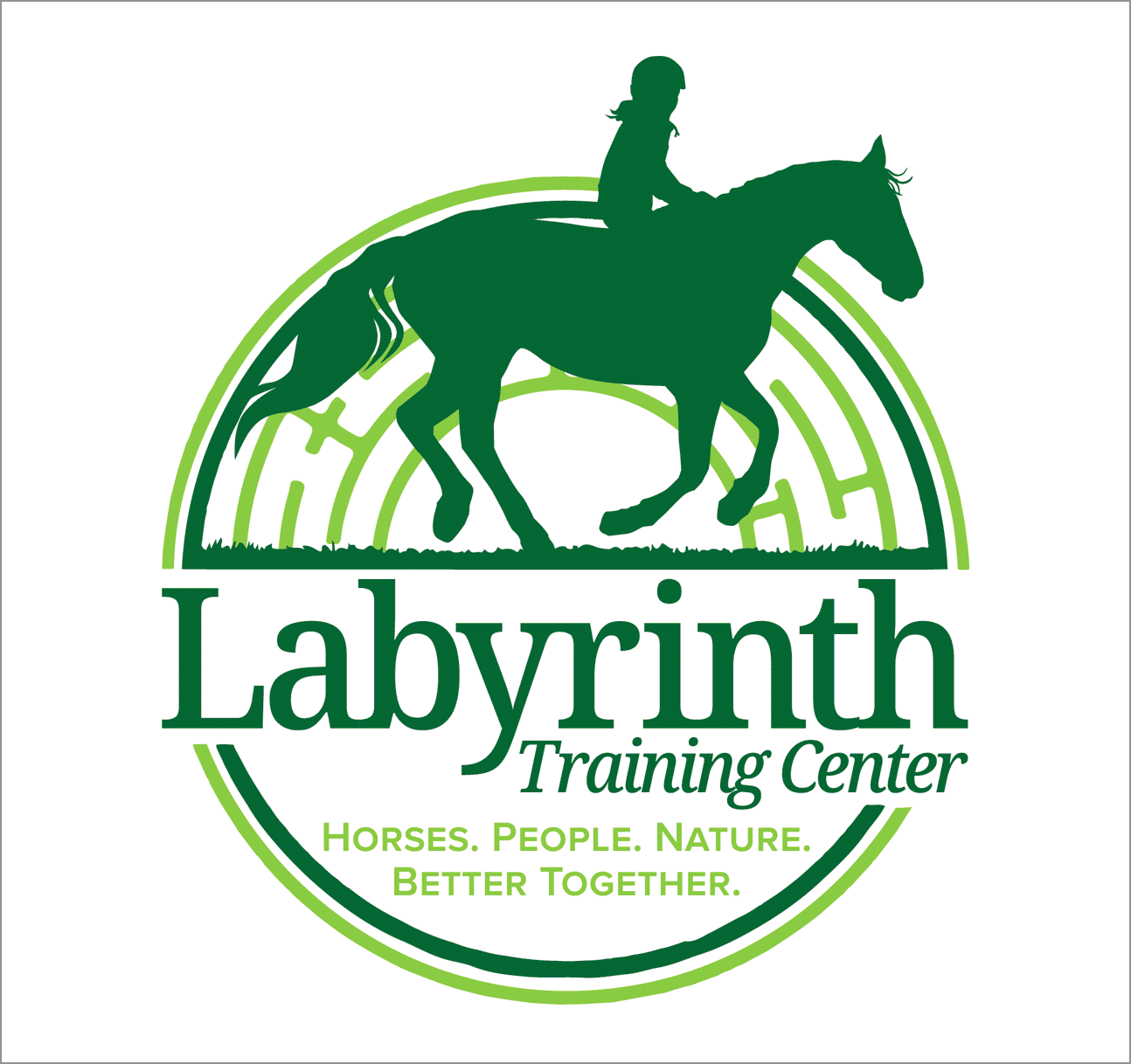 A green silhouette of a girl riding a horse inside a circular maze design. The text reads "Labyrinth Training Center" with a tagline "Horses. People. Nature. Better Together."