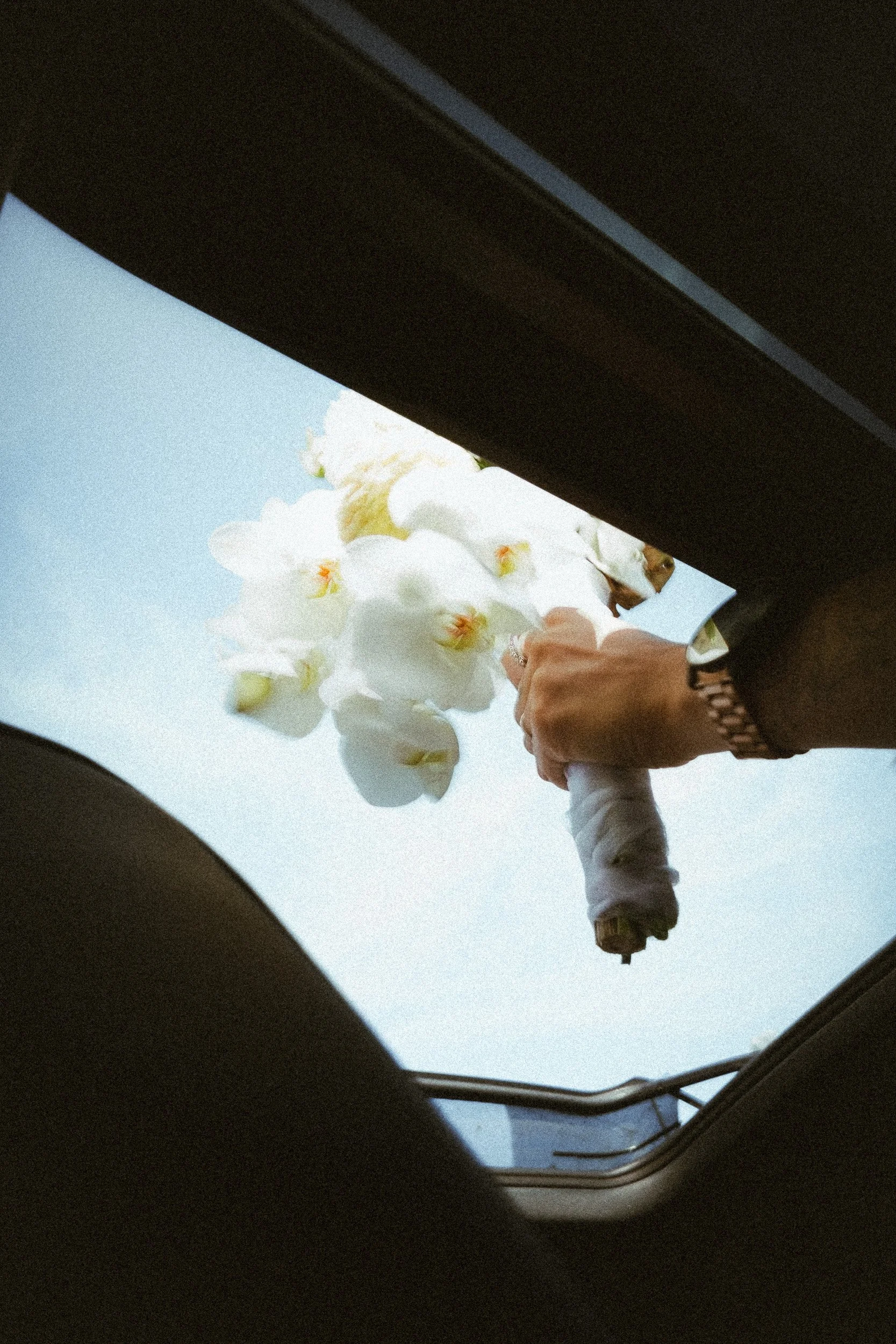 Ein Arm in einem braunen Armkleid mit einer Armbanduhr, der eine Flasche hebt, aus der weiße Orchideen fallen, fotografiert durch ein Autodachfenster nach oben gegen den Himmel.