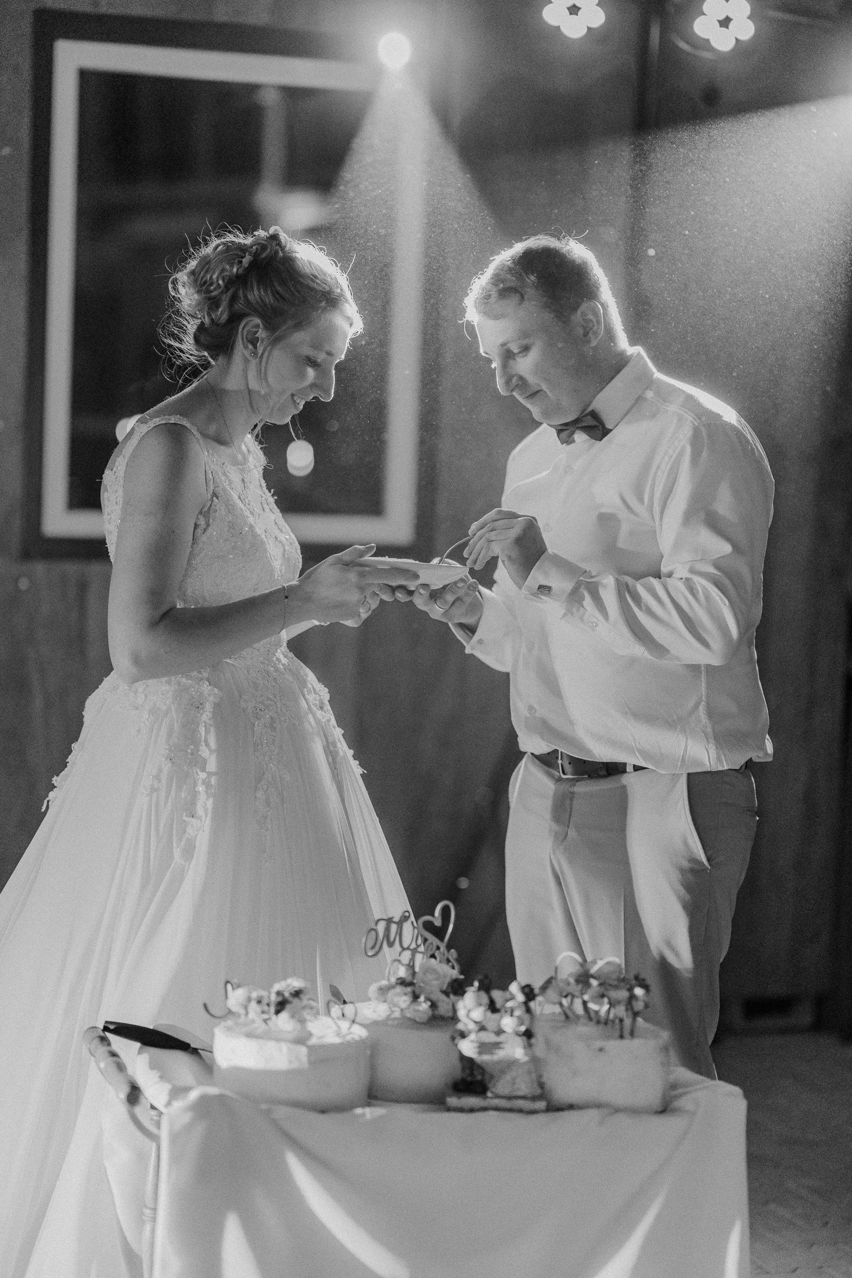 Braut und Bräutigam bei der Hochzeitsfeier, schneiden gemeinsam Hochzeitstorte. In Schwarz-Weiß.