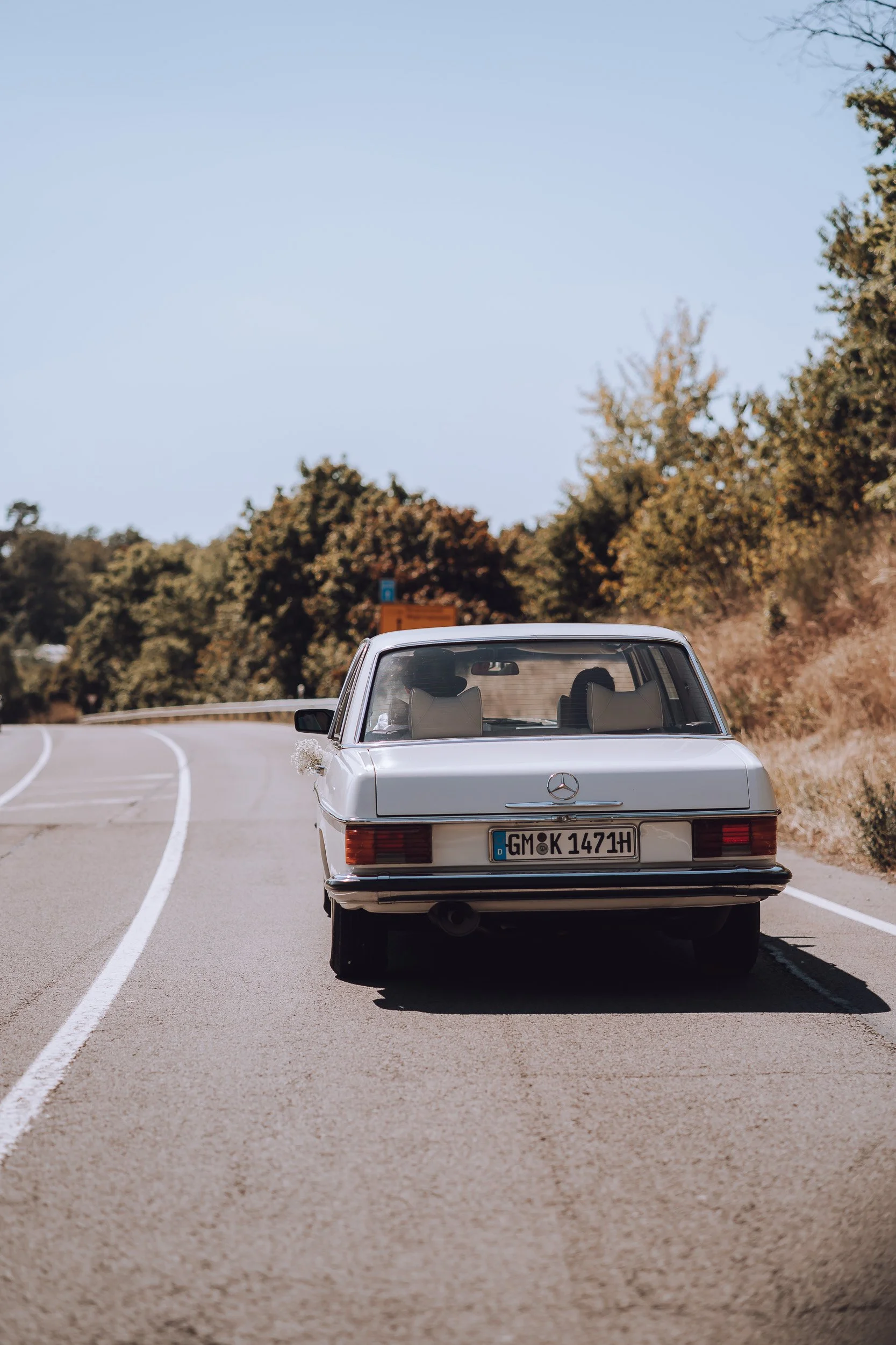 Ein silberner Oldtimer Mercedes-Benz Auto fährt auf einer kurvigen Landstraße. Der Himmel ist klar und die Umgebung ist grün mit Bäumen am Straßenrand.
