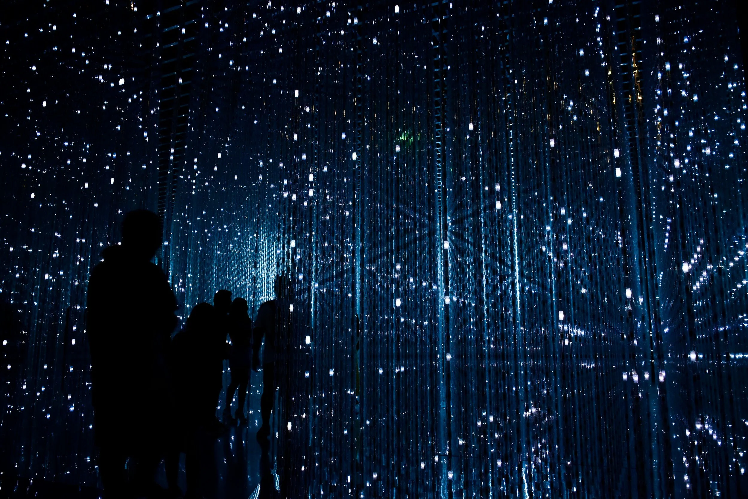 People silhouetted against a dark, starry light installation with hanging strands of lights and small bright points, creating a sparkling, immersive exhibit.