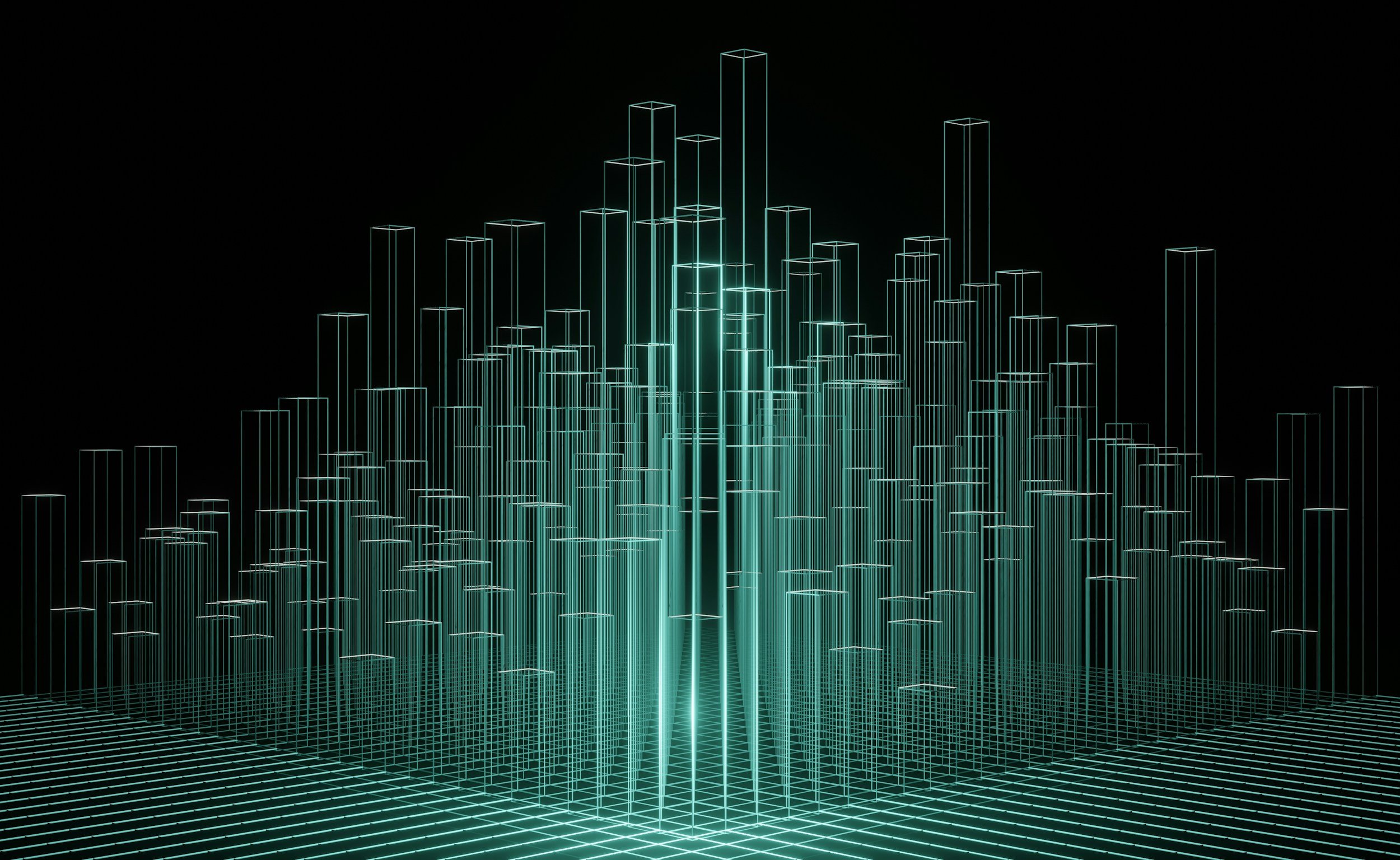 Digital 3D wireframe cityscape with glowing neon lines on a black background.