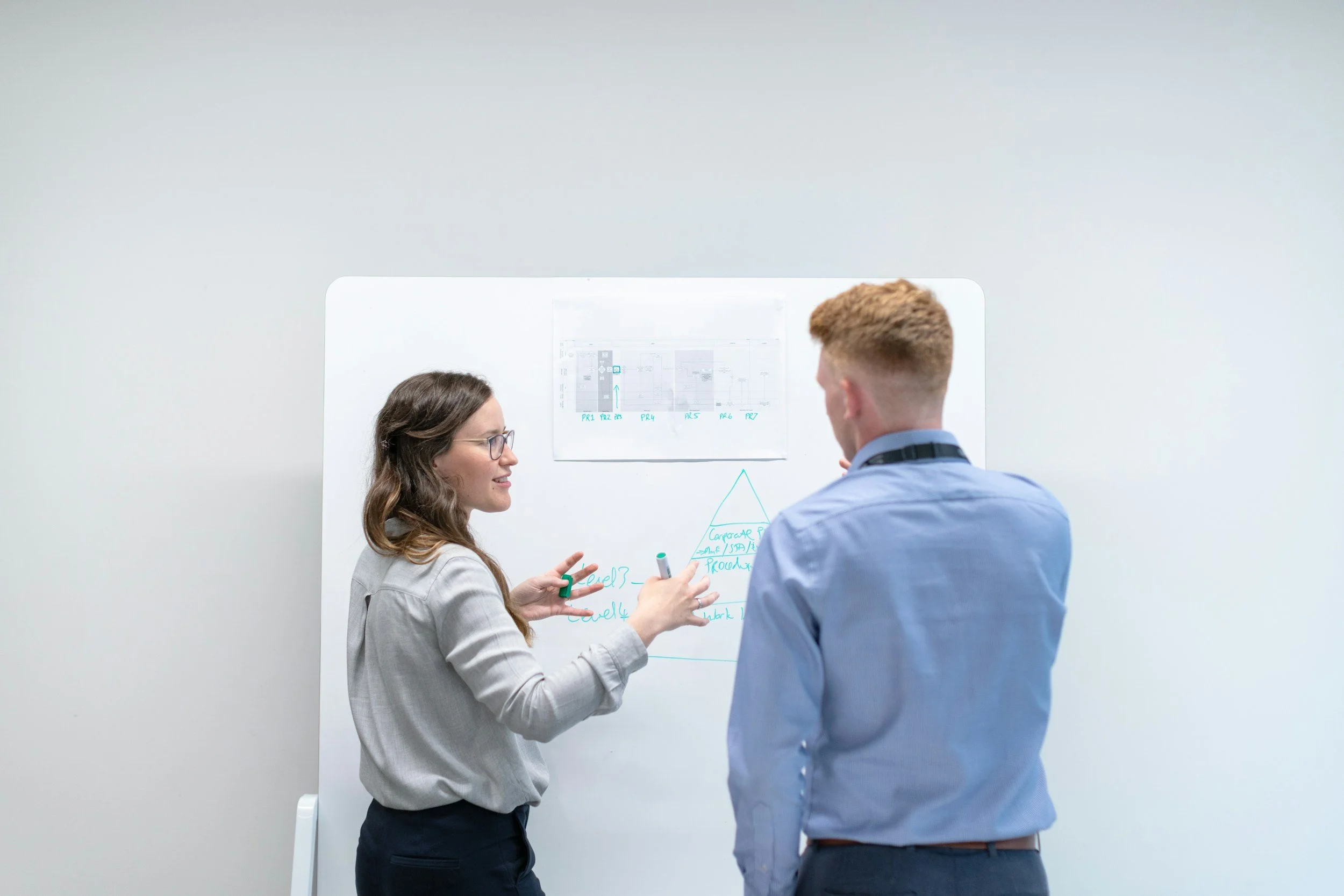 A woman and a man in business attire having a discussion in front of a whiteboard with charts and handwritten notes.