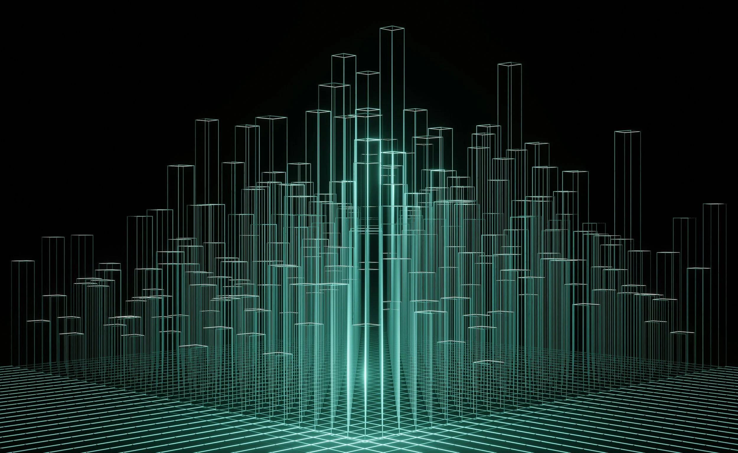 Futuristic digital cityscape with glowing grid and tall outlined skyscrapers against a black background.