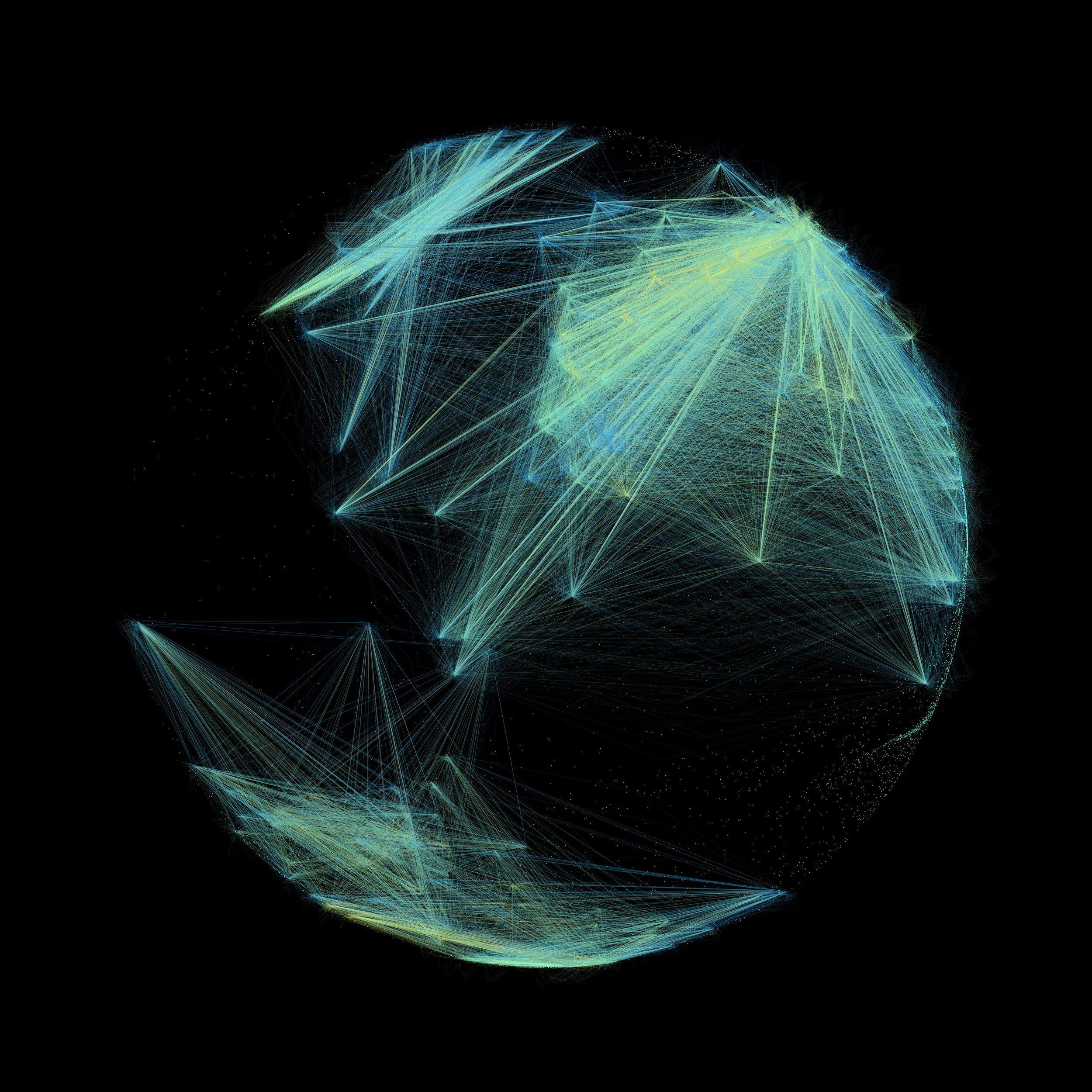 A digital abstract illustration resembling a wireframe globe with interconnected lines in blue and green on a black background.