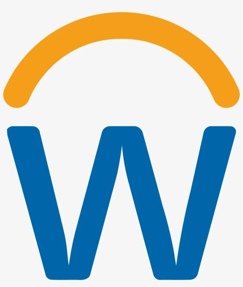 Logo with a large blue letter W and an orange semi-circle above it.