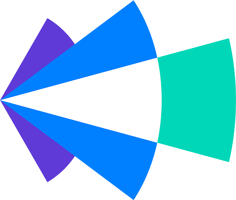 Colorful abstract geometric shape with overlapping triangles in purple, blue, turquoise, and white on black background.