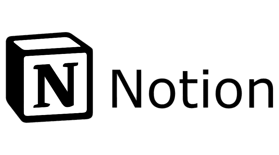 Black and white logo of the note-taking app Notion, featuring a 3D outline of a cube with a large 'N' on one face and the word 'Notion' beside it.