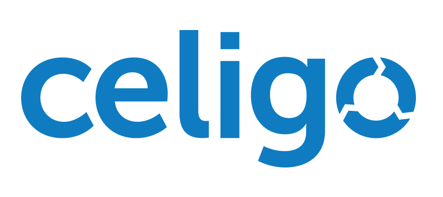 Celigo logo in blue with a stylized globe inside the letter 'o'. Name underneath in lowercase letters.
