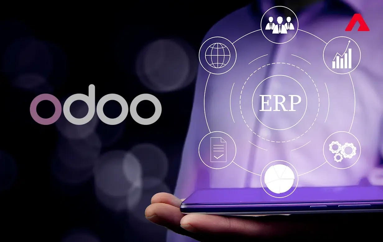 A person holding a smartphone displays a graphic with the text "ERP" at the center, surrounded by icons representing global network, team, growth, gears, pie chart, and document, with the logo "odoo" on the left side of the image.