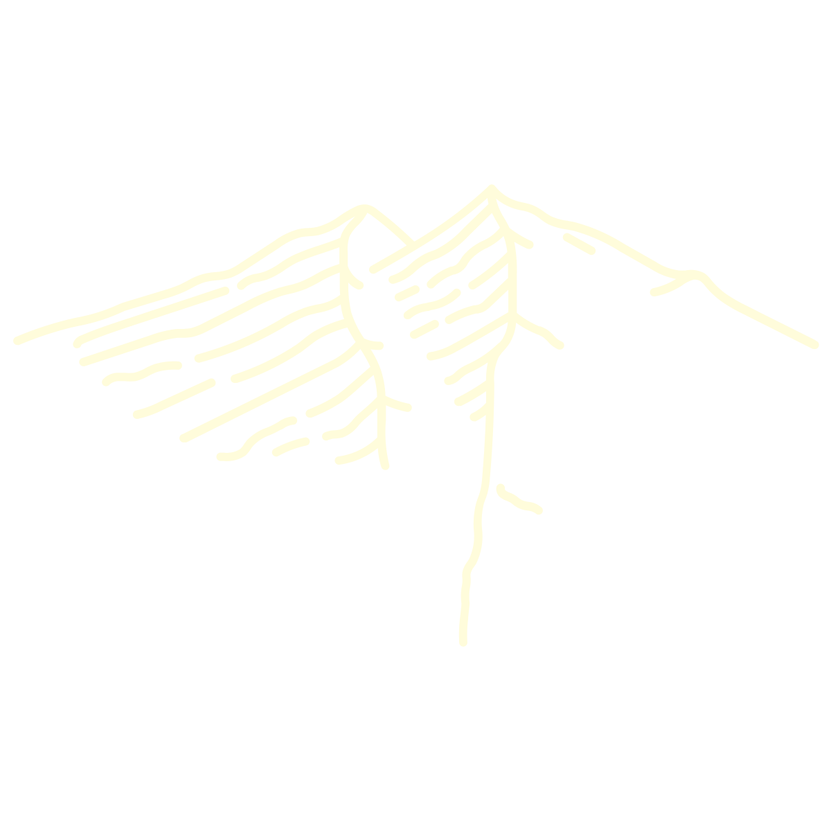 Line drawing of a hand holding a pen, drawing outlines of mountain peaks.