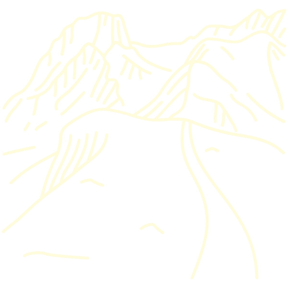 Line art of a mountain landscape with peaks and slopes.
