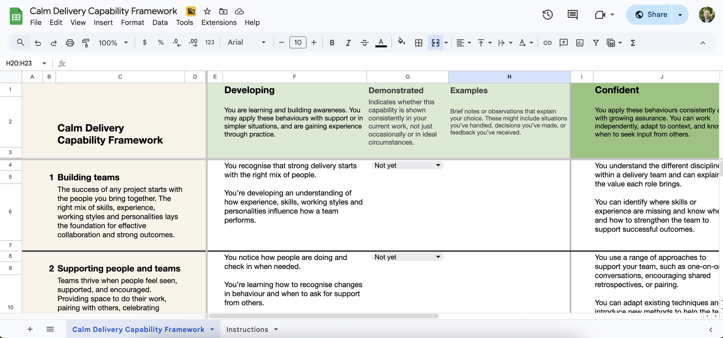 Screenshot of a spreadsheet called the Calm Delivery Capability Framework.
