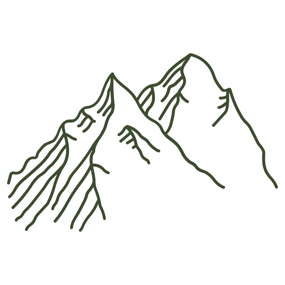 Line drawing of mountain peaks with rugged ridges and slopes.