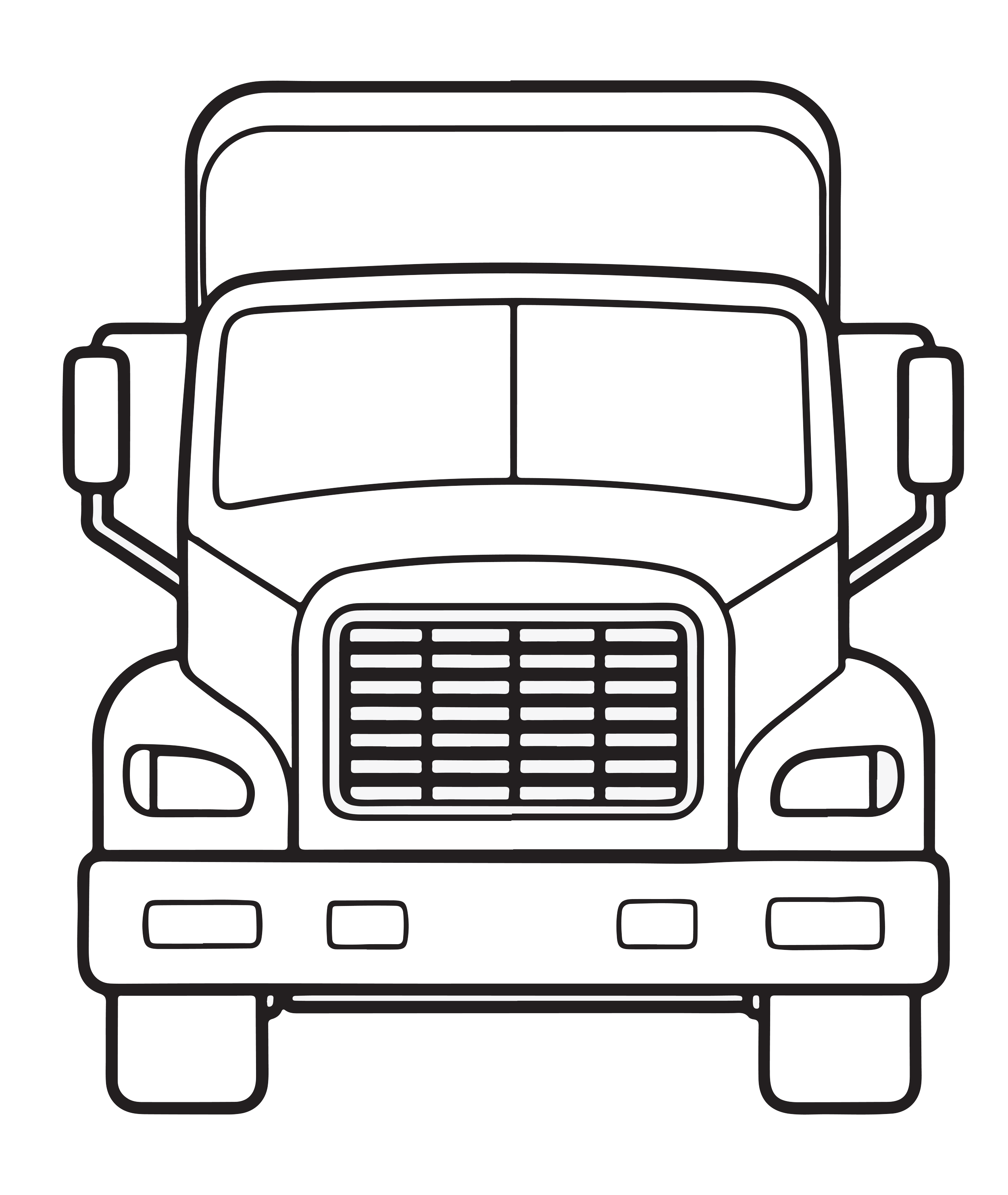 Outline drawing of a front view of a semi truck with a large windshield, side mirrors, and a front grill.