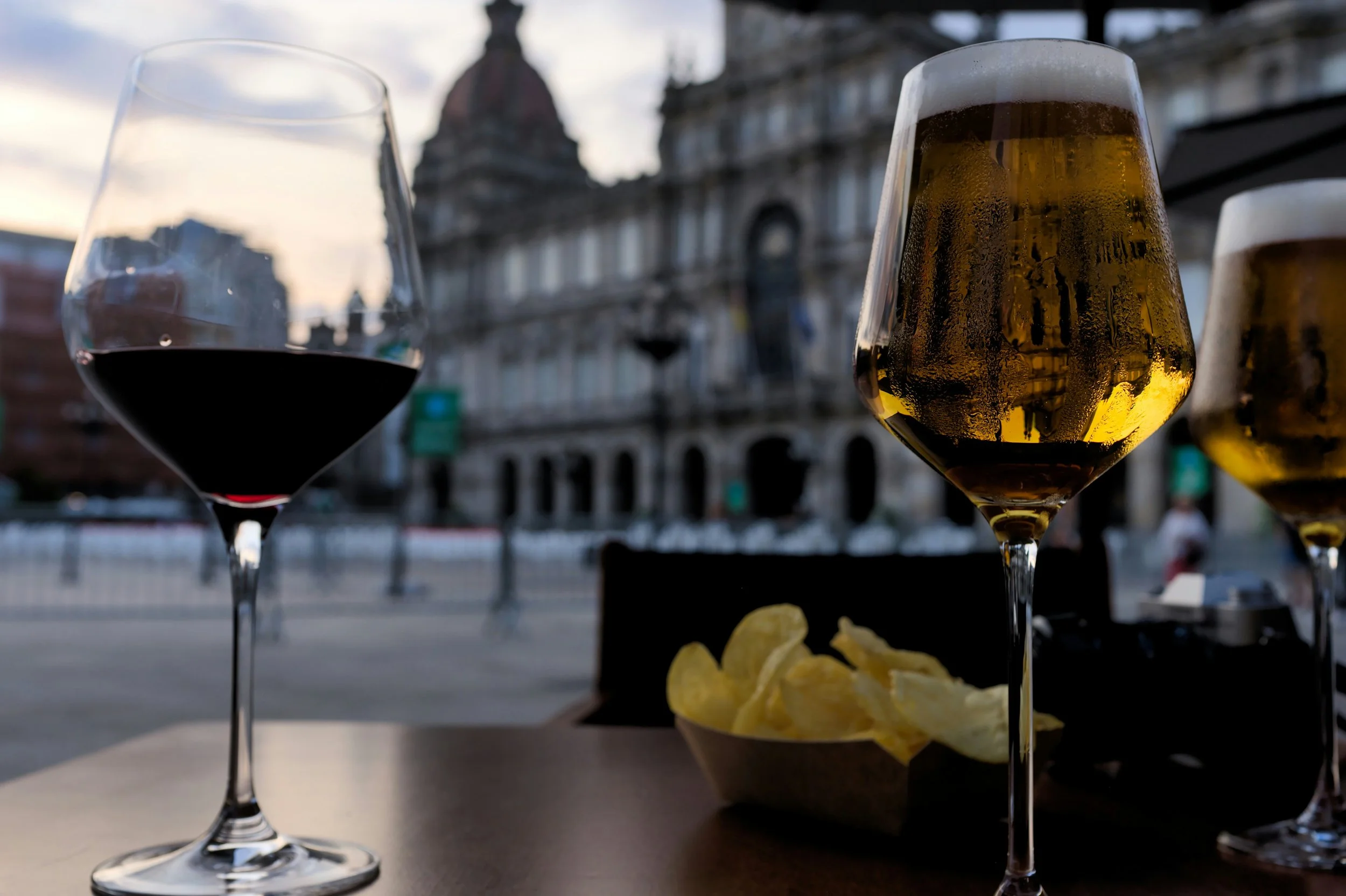 Wine and tapas in a terrace in a Spanish plaza