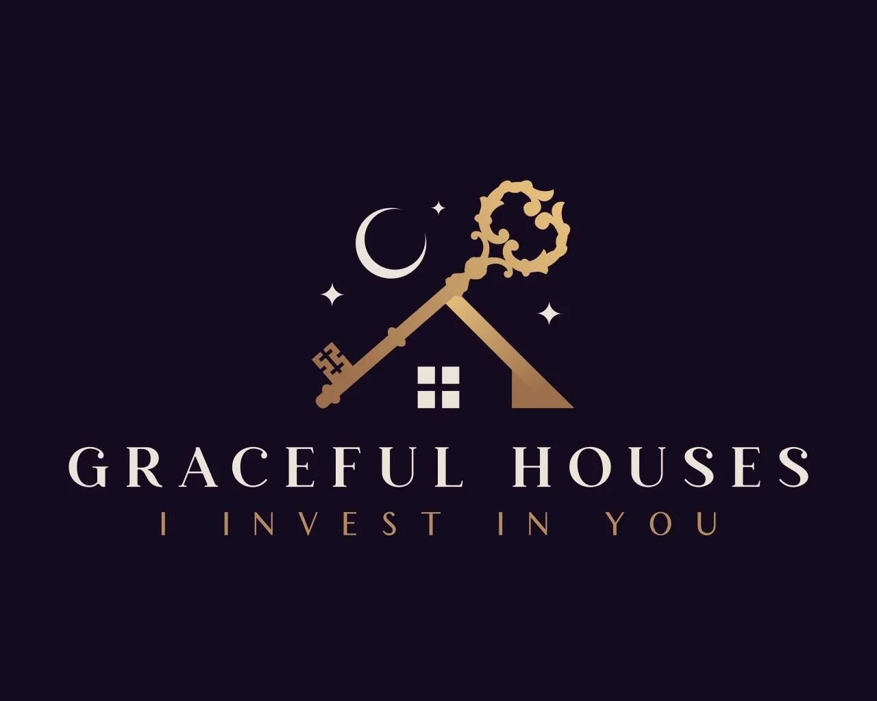 Logo of Graceful Houses with a house silhouette, a large golden key, a crescent moon, and stars against a dark background, with the tagline 'I Invest in You'.