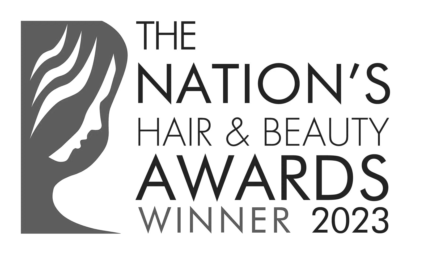Black and white logo for The Nation's Hair & Beauty Awards 2023, featuring a stylized profile of a woman's face with flowing hair.