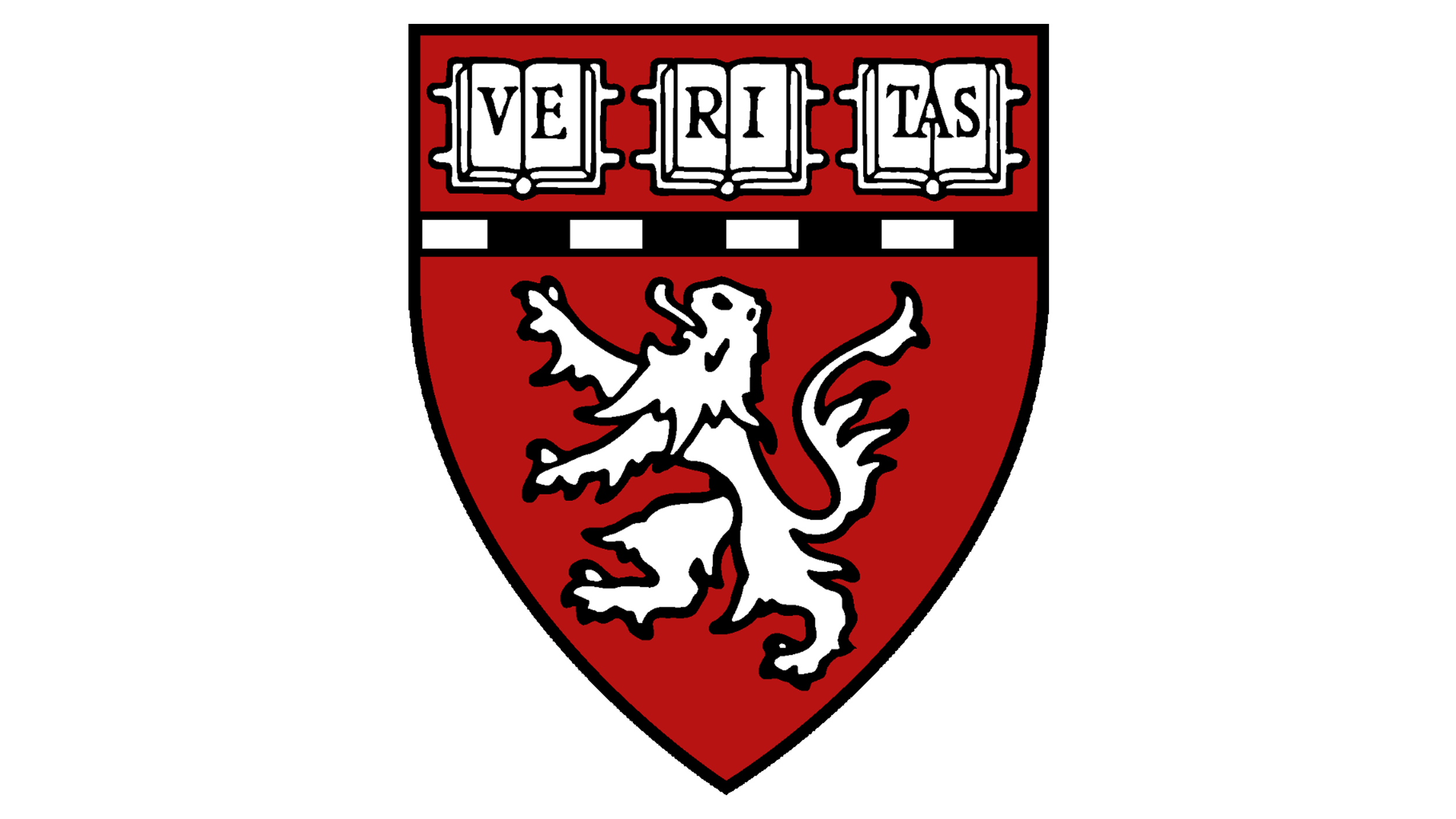 Harvard University shield with a red background, featuring a white lion and open books with the word 'VERITAS' above.