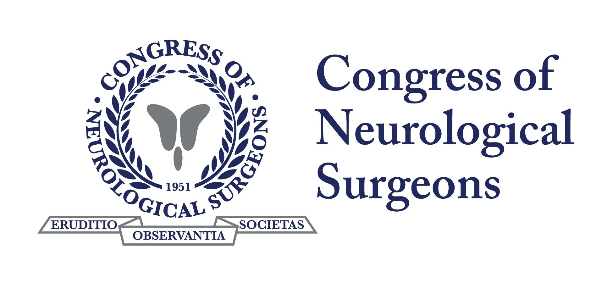 Logo of the Congress of Neurological Surgeons featuring a butterfly icon and wreath, with the words 'Congress of Neurological Surgeons' around the icon and a Latin motto 'Eruditio Observantia Societas' beneath.
