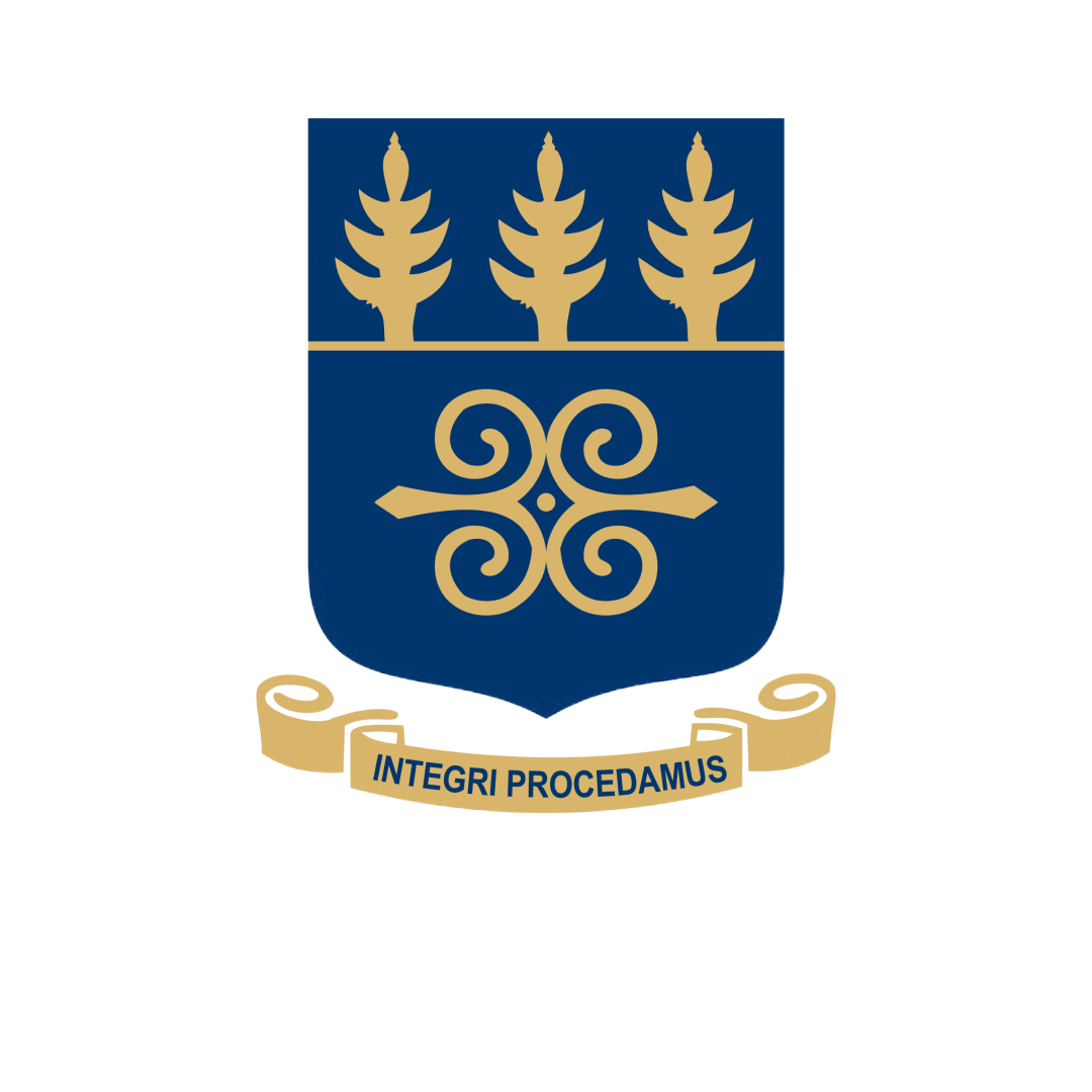 A shield with three gold trees on a blue background at the top, and a symmetrical gold decorative design below. A scroll beneath with the Latin phrase 'INTEGRI PROCEDAMUS' written on it.