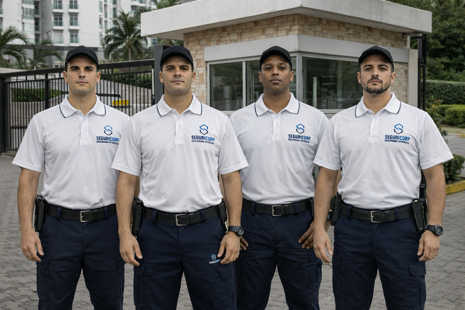 Four security personnel standing outside a building, wearing white polo shirts with 'SEGUERICORP' logos, navy blue trousers, black belts, and black caps.