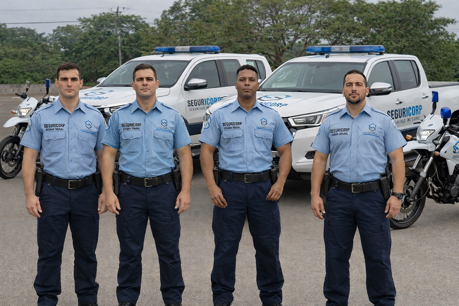 Four security personnel standing in front of police vehicles and motorcycles, dressed in blue uniforms with security company logos, outdoors on a paved area.