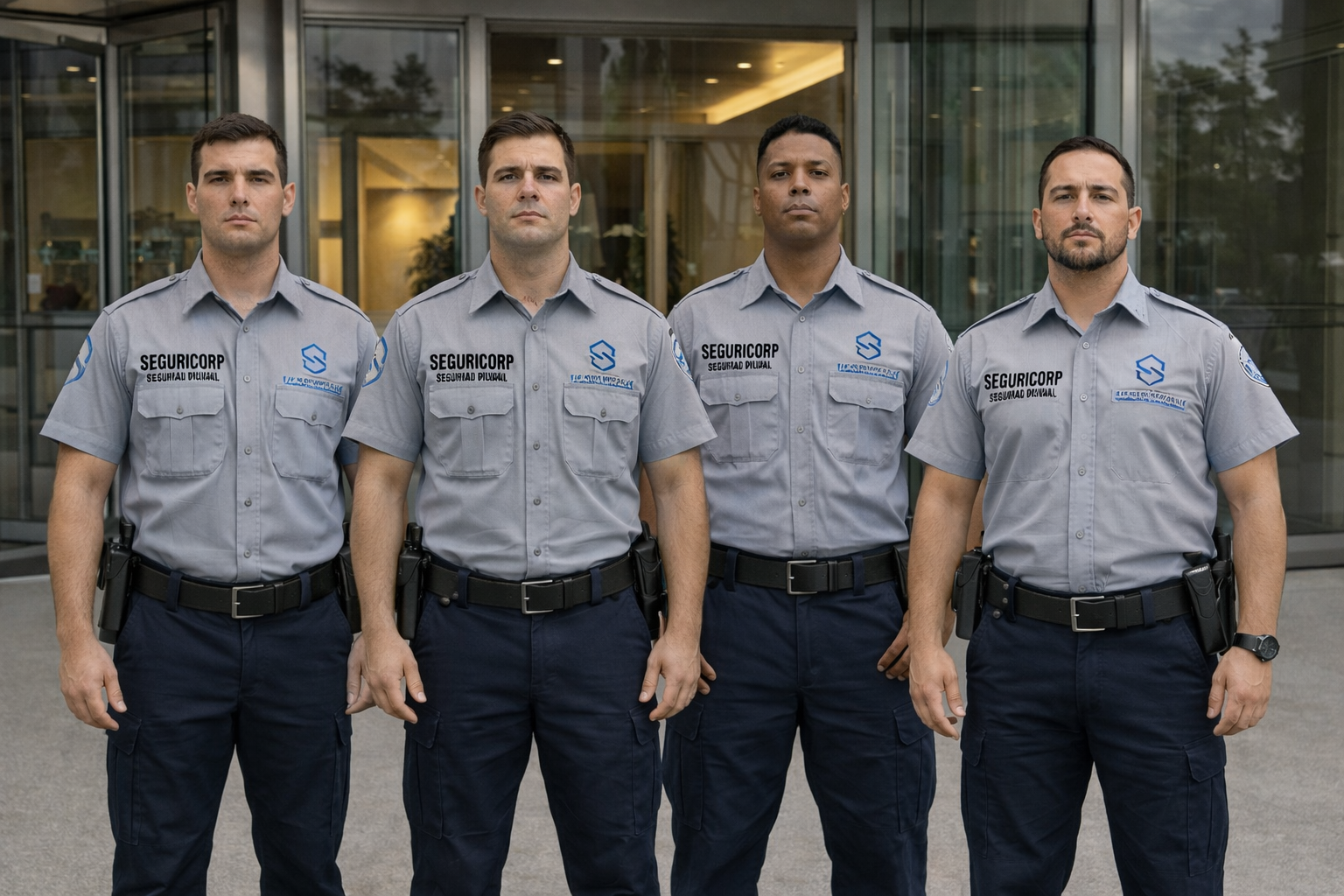 Four security guards standing in front of a building, wearing gray shirts with security patches and black pants.