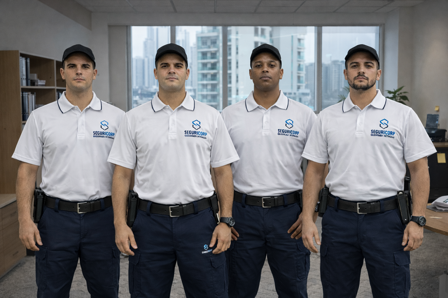 Four security personnel standing in a row inside an office, wearing white polo shirts with security logo, black pants, and black caps.