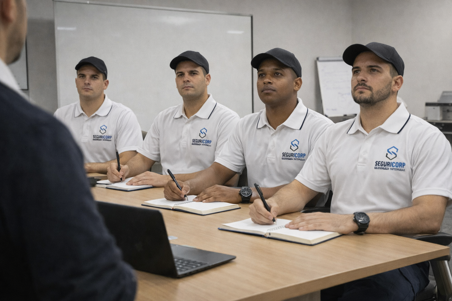 Four men wearing white polo shirts and black caps sitting at a conference table, taking notes during a meeting.