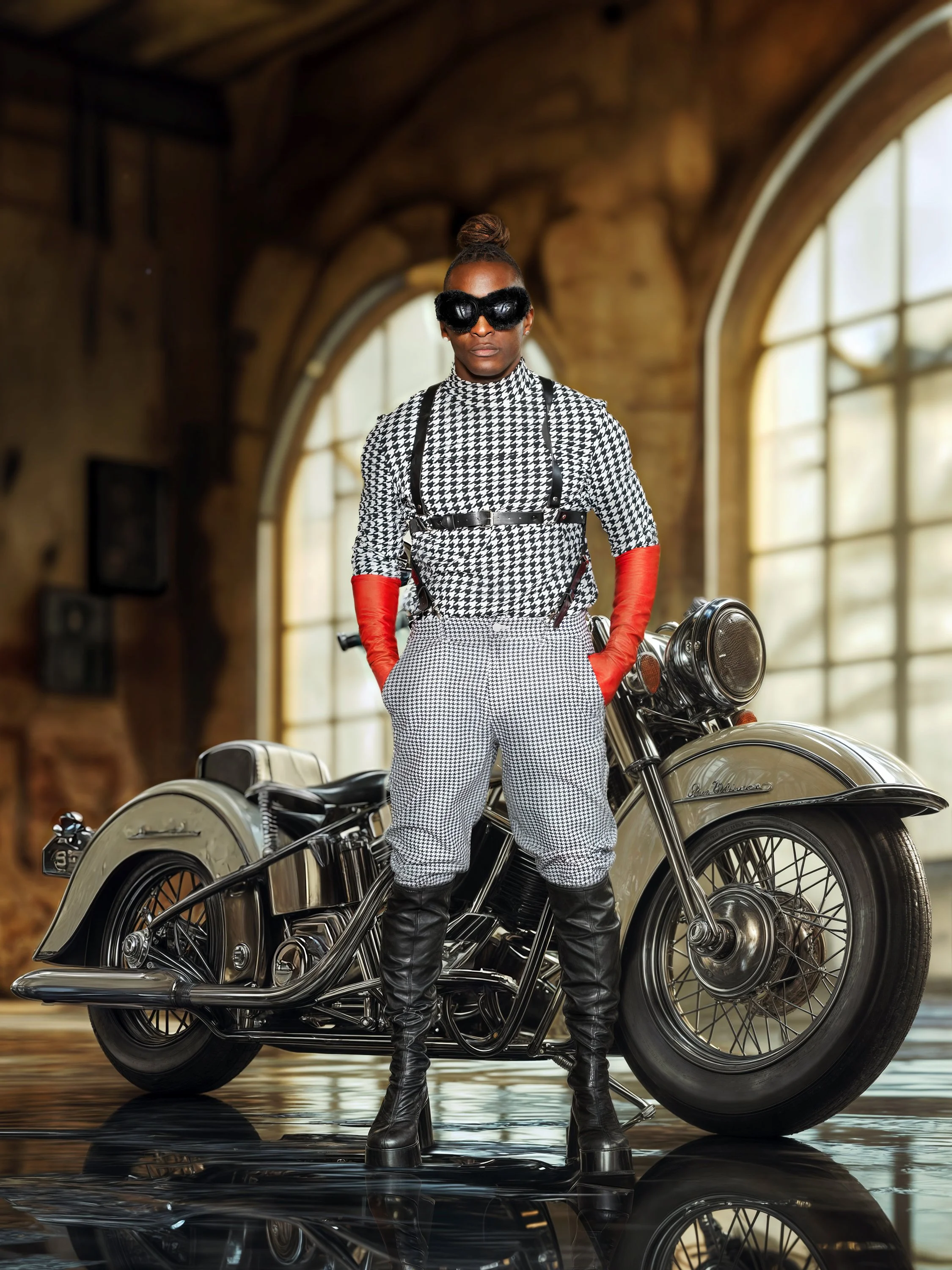 Woman in black and white checked outfit with red arm-length gloves, standing next to a vintage motorcycle in a rustic indoor setting with large windows.