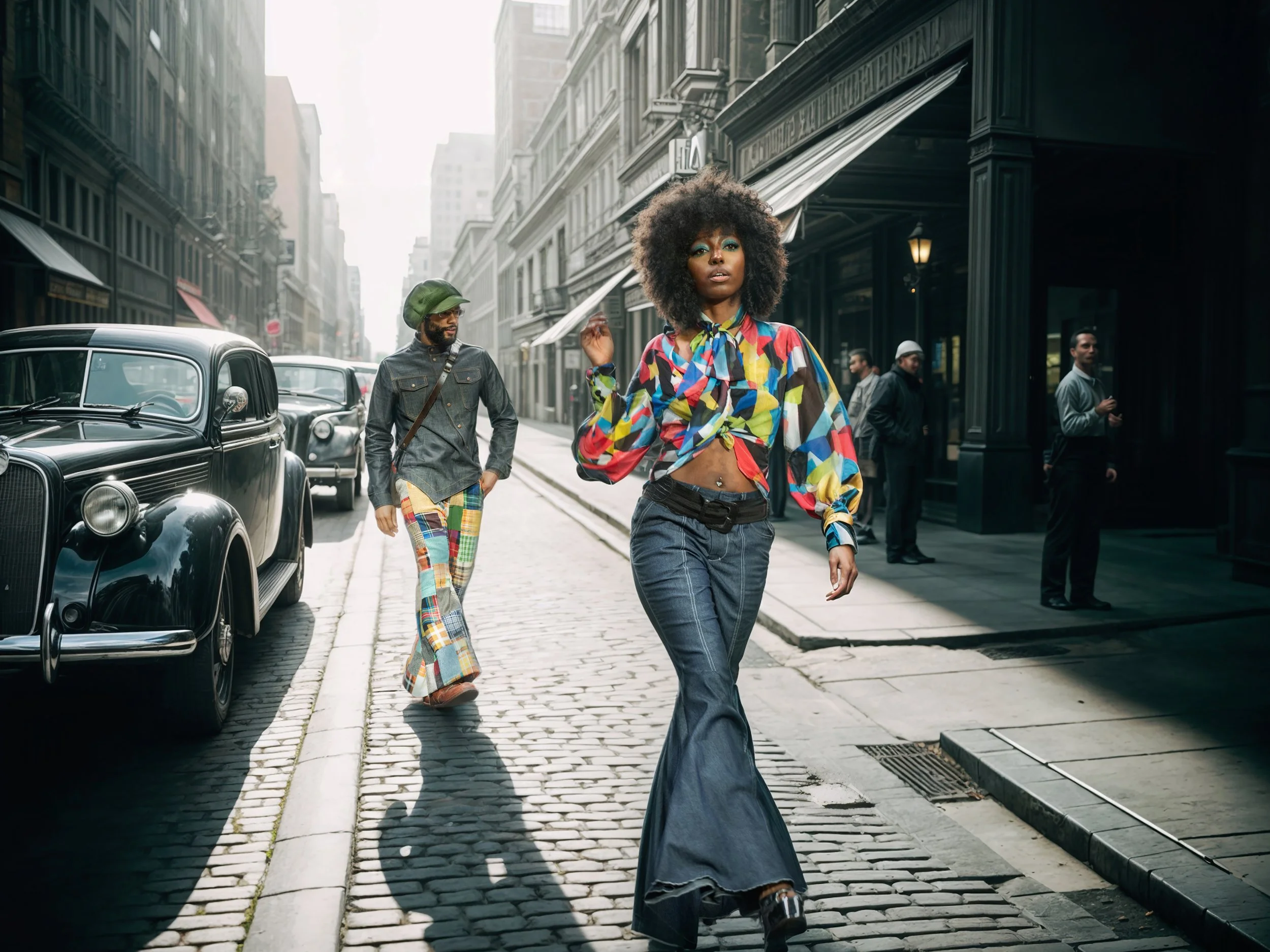 A woman with curly hair wearing a colorful patterned blouse and bell-bottom jeans walking on a cobblestone city street, with vintage cars and other pedestrians in the background.