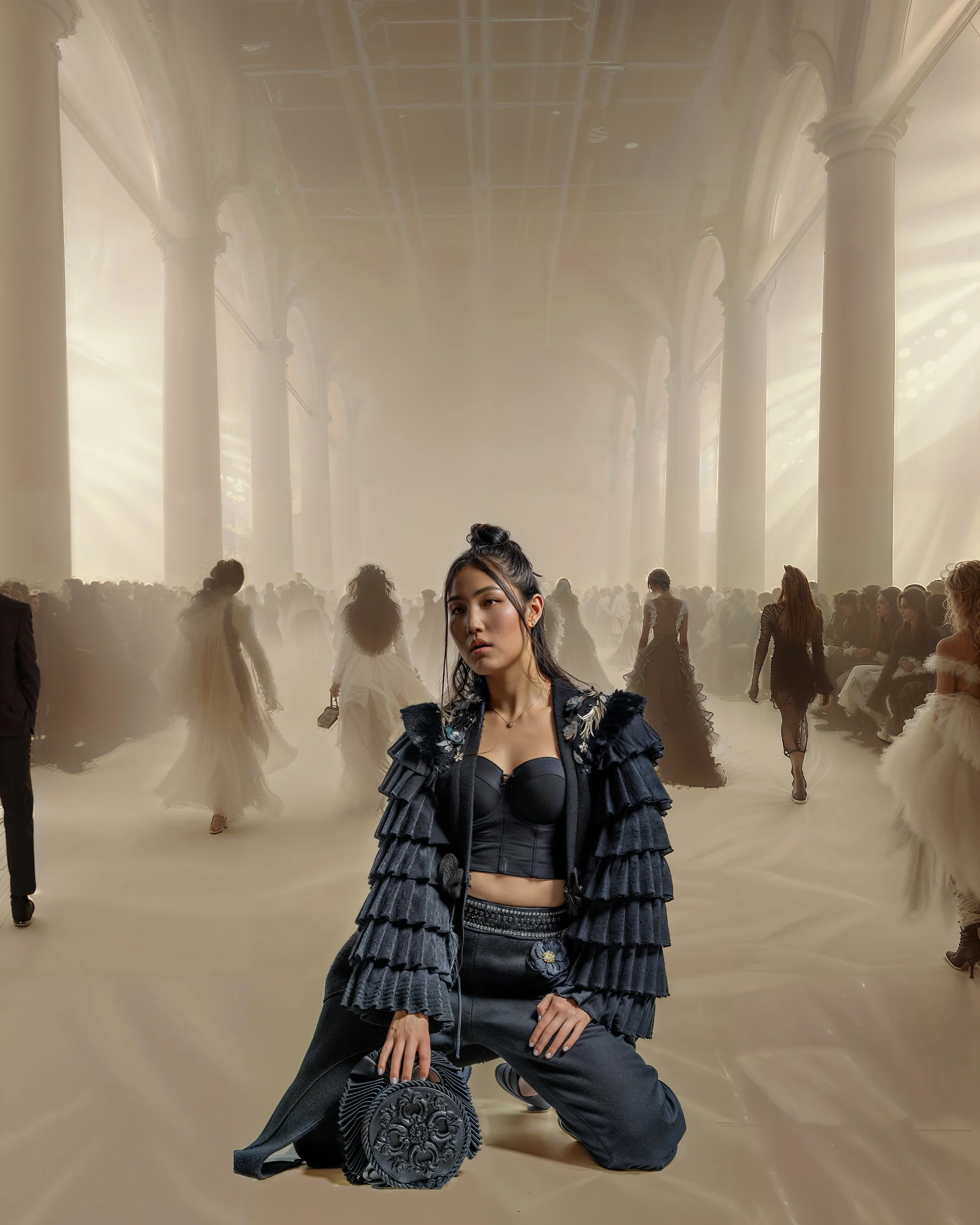 A woman with dark hair styled in a bun kneels in the foreground of a fashion show runway, wearing a black tiered jacket and matching pants, holding a round black handbag. The runway is filled with models in elegant dresses, and the background feature