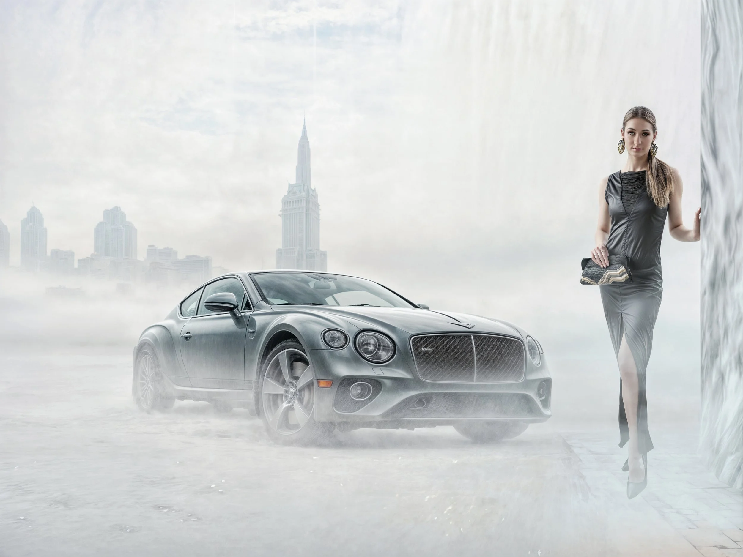 A fashion model in a black dress stands next to a silver luxury car with a city skyline in the background, surrounded by fog or mist.