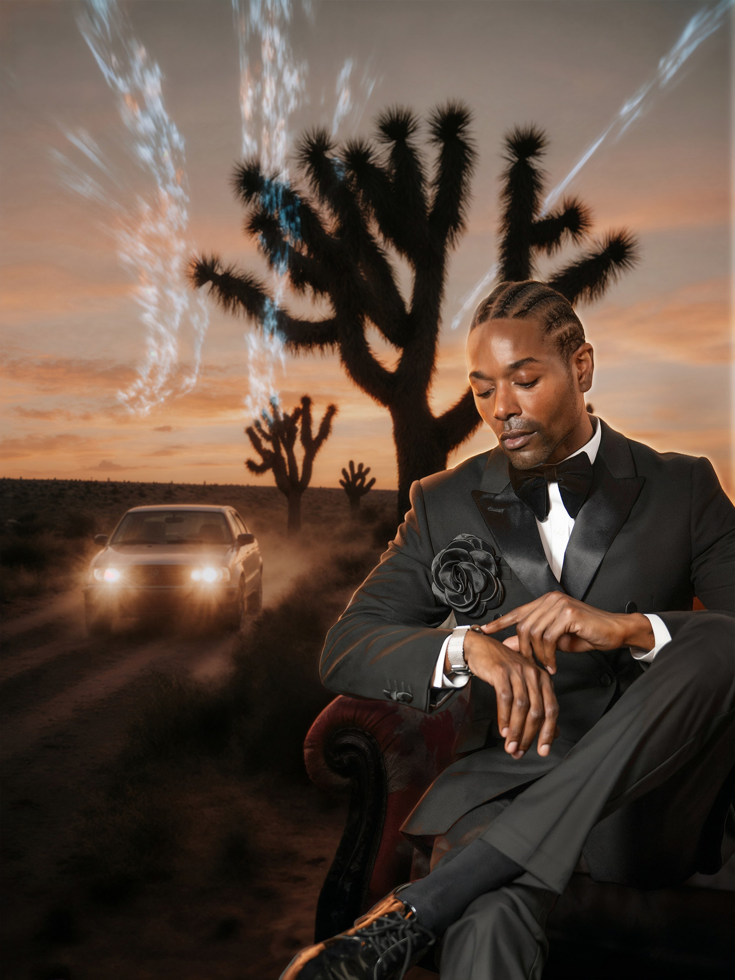 A man in a tuxedo sitting on a chair, with a desert landscape, Joshua trees, and a car with headlights on in the background during sunset.