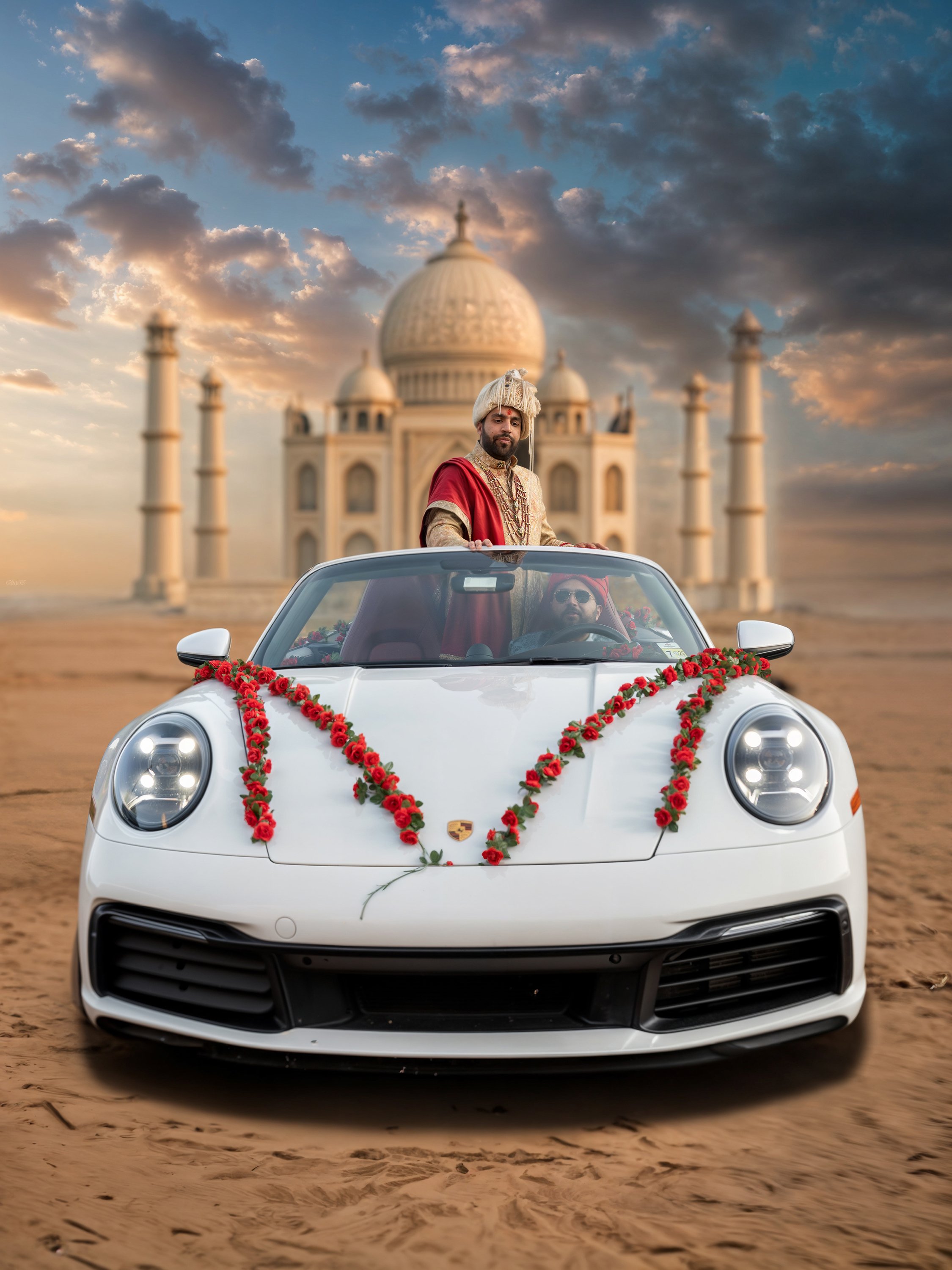 A man dressed in traditional South Asian wedding attire standing through the sunroof of a white Porsche sports car decorated with red flowers. In the background, the Taj Mahal is visible under a partly cloudy sky.