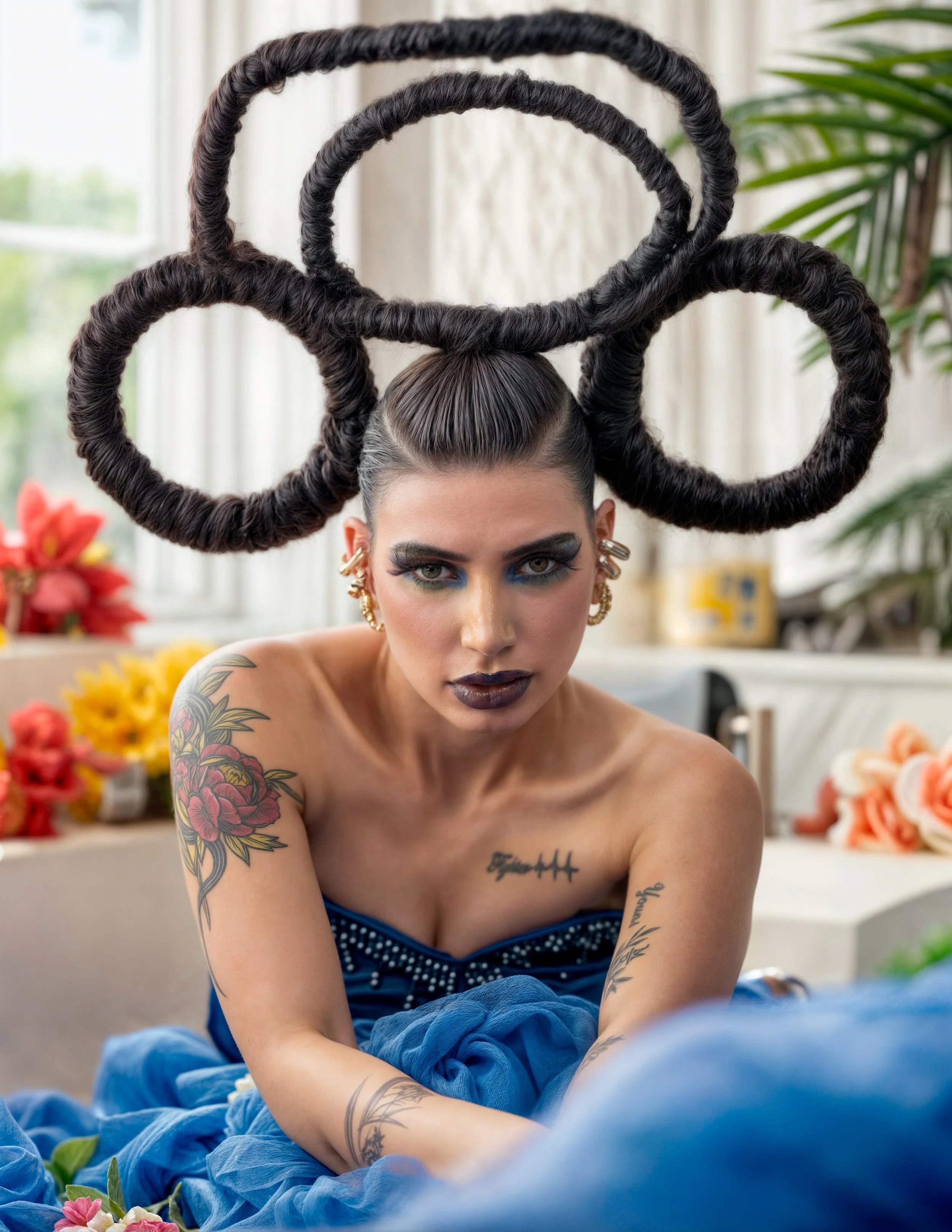 A woman with styled hair that forms three large loops above her head, wearing bold makeup, earrings, and tattoos, seated indoors with floral arrangements in the background.