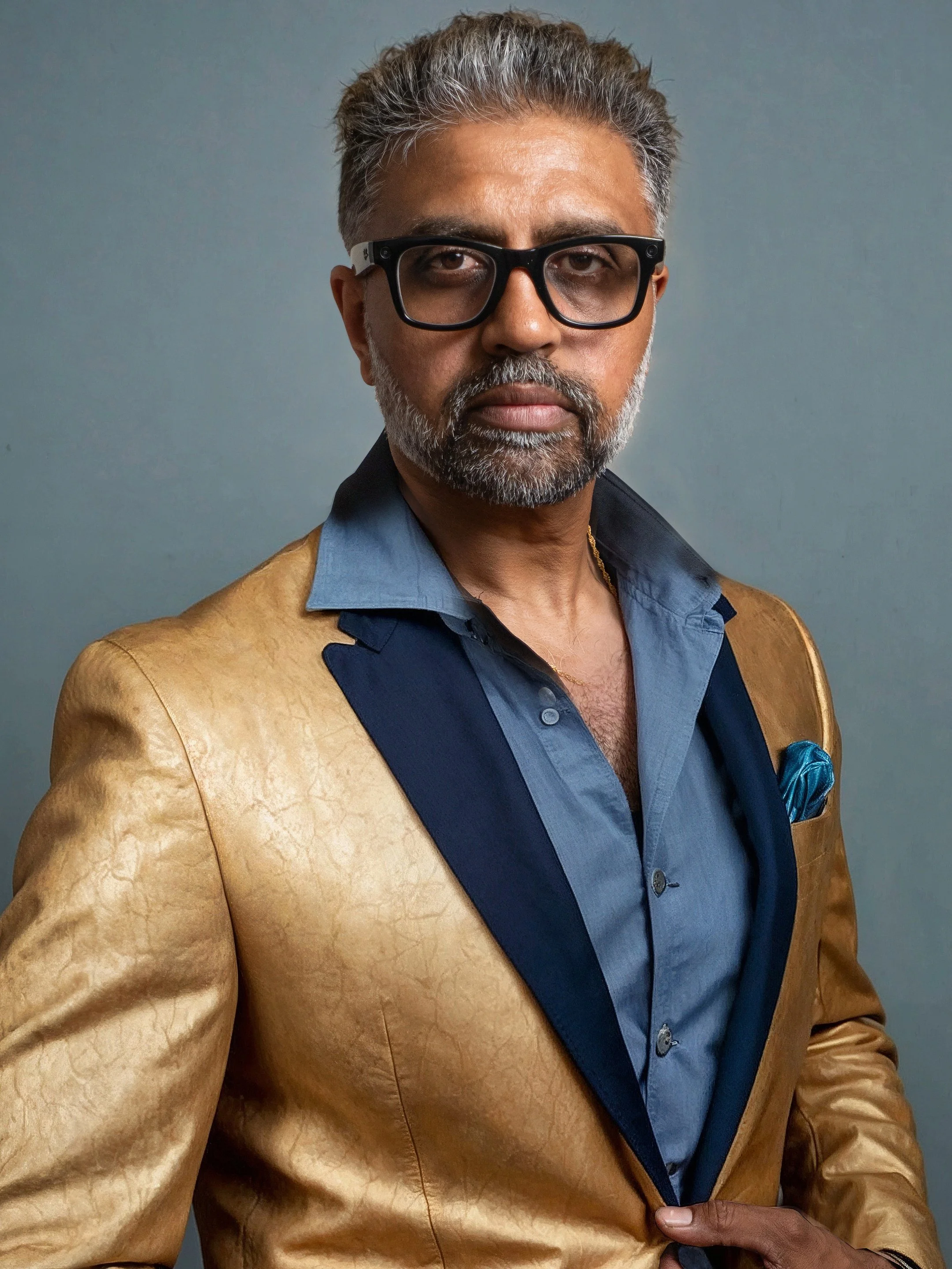 A man with gray hair and a beard wearing black glasses, a yellow leather jacket, and a blue shirt with a pocket square, posing in front of a plain background.