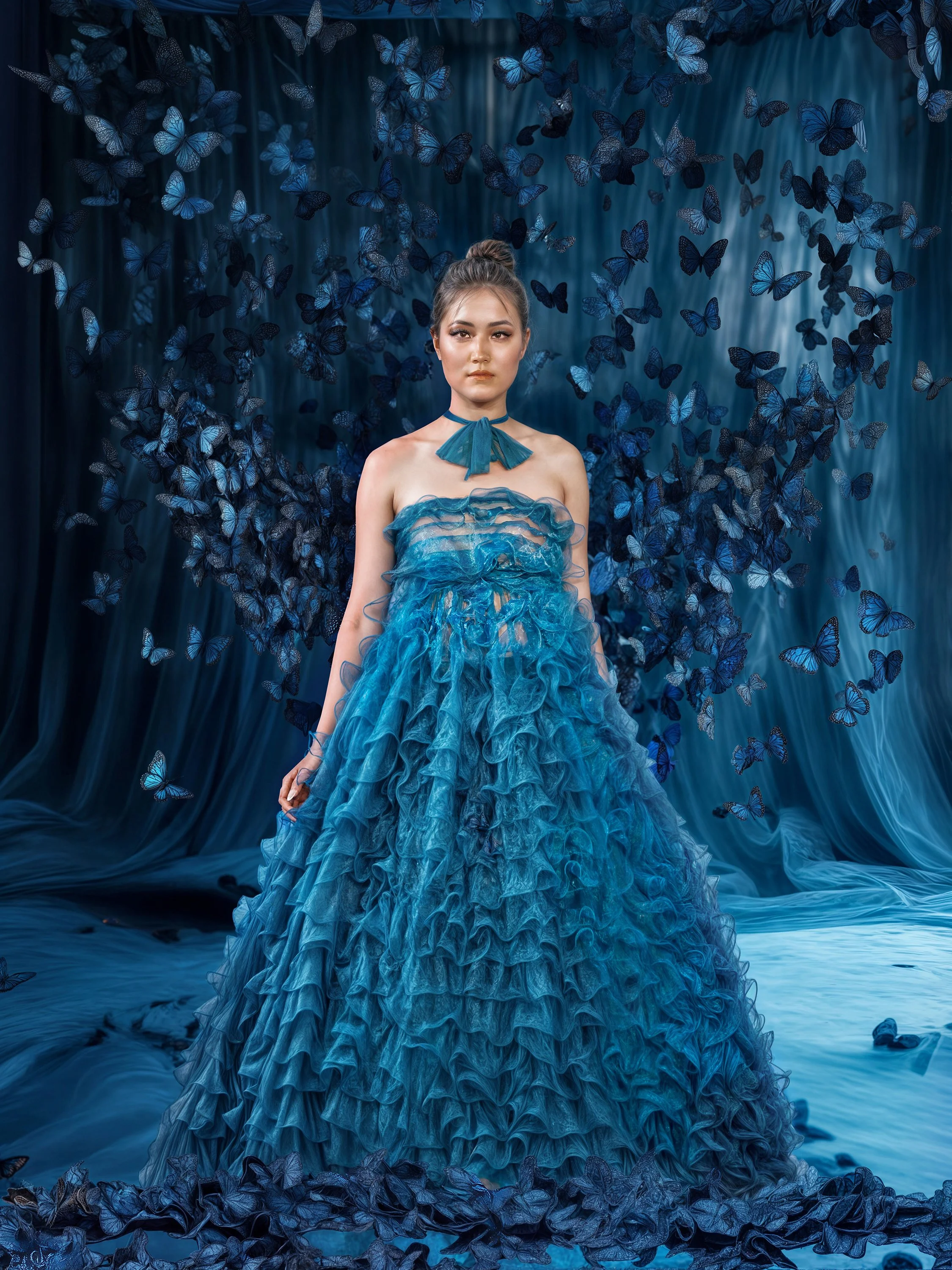 A woman in a blue, ruffled, strapless gown stands in front of a backdrop filled with blue butterflies and flowing fabric, with a matching blue ribbon choker around her neck.