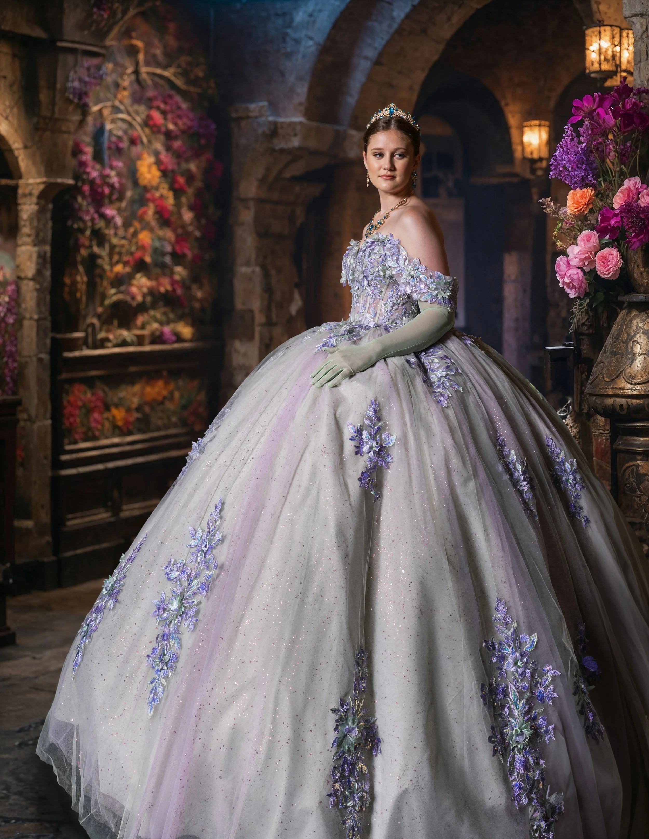 A woman dressed in an ornate, off-the-shoulder ball gown with floral embroidery, wearing a tiara and gloves, standing in a medieval-style stone room decorated with flowers.
