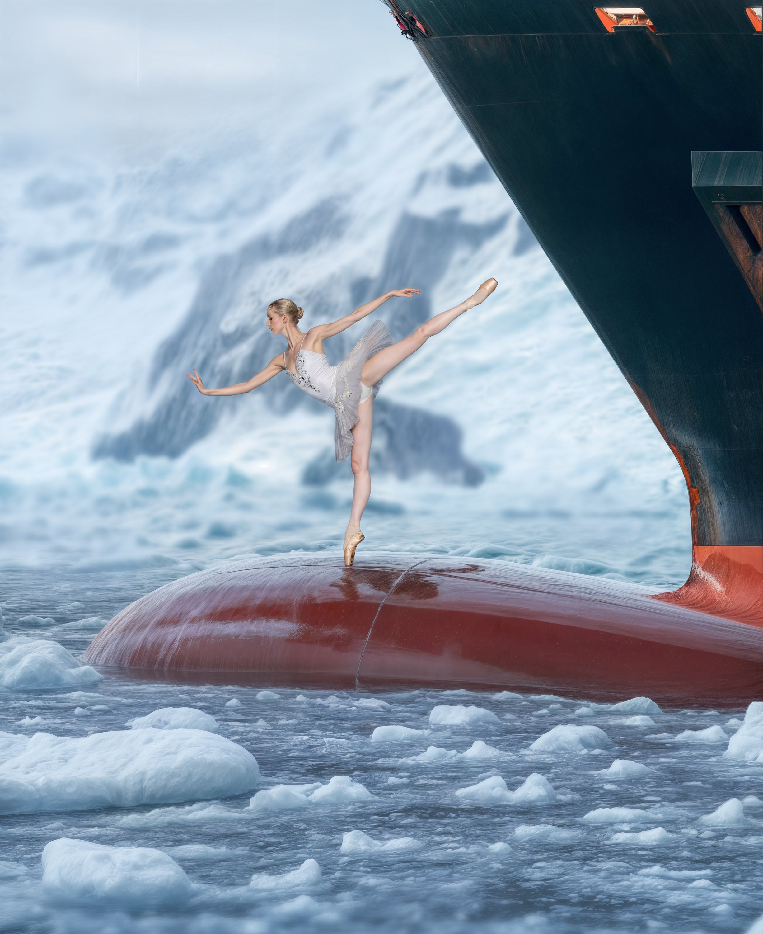 A ballerina performing an arabesque on the hull of an icebreaker ship in icy waters with ice and snow, and a mountain in the background.