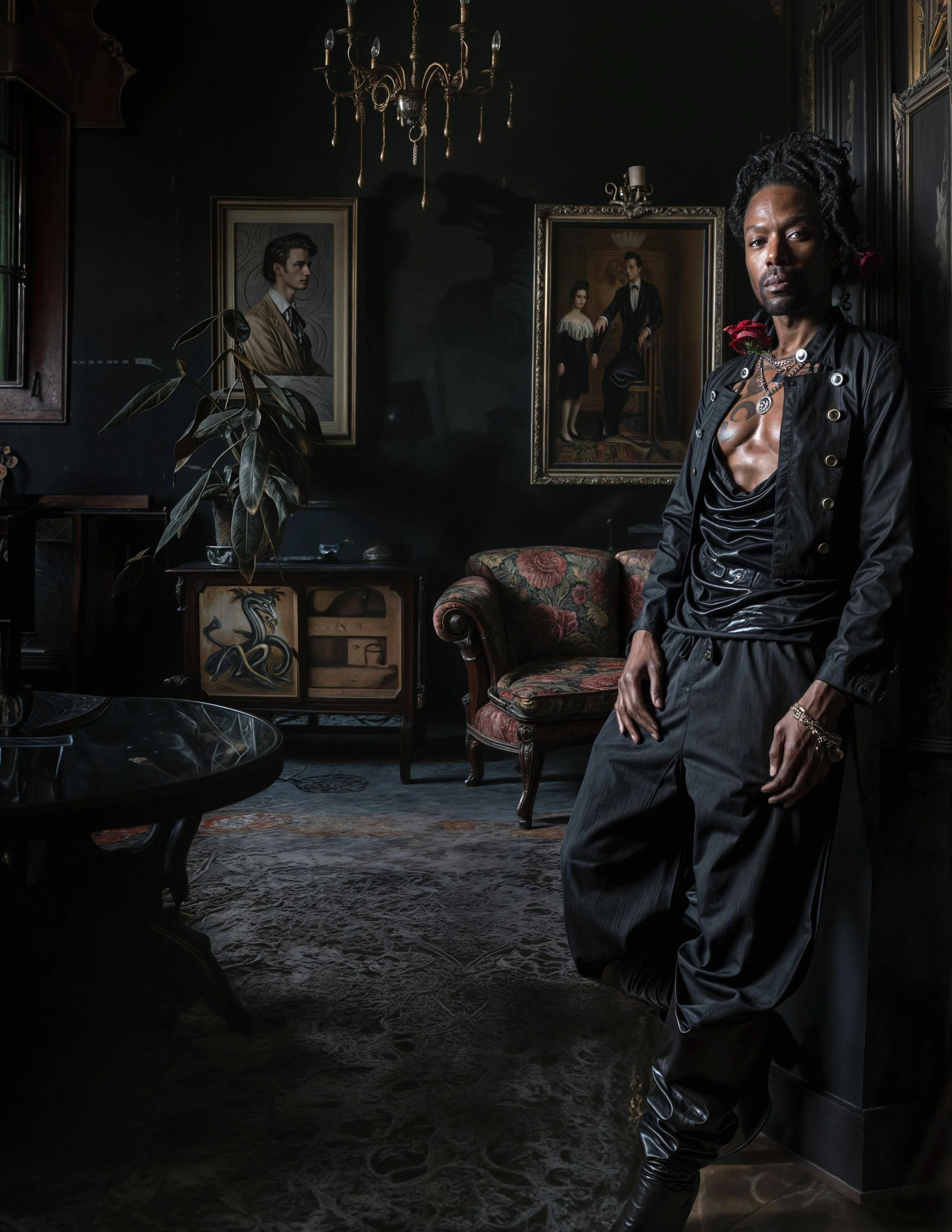 A man with dreadlocks, wearing a black leather vest, black pants, and jewelry, poses inside a dark, vintage-style room with paintings, a chandelier, and antique furniture.