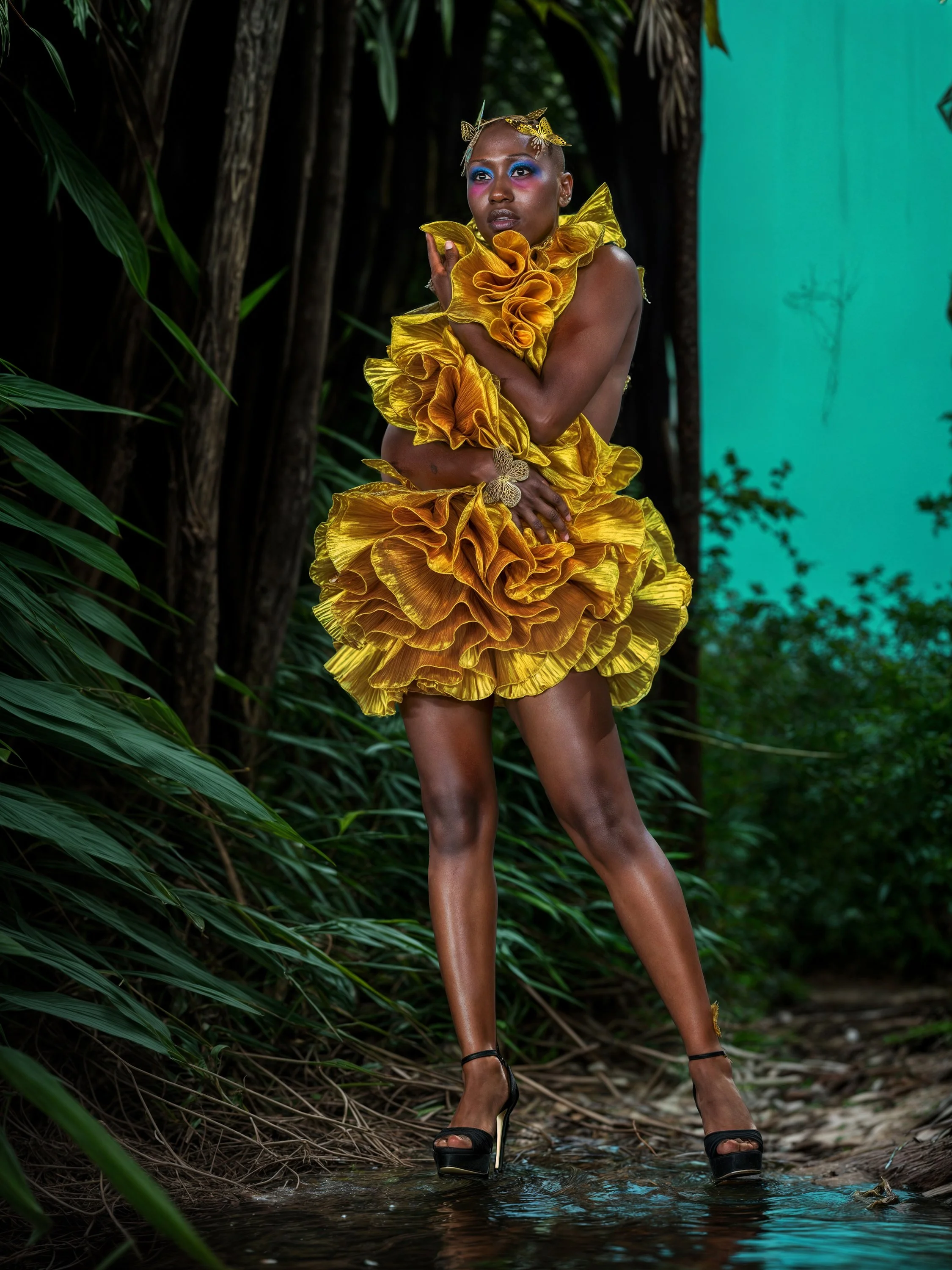 A woman in a yellow ruffled dress with butterfly accessories stands in a natural outdoor setting with tall green plants and a small water stream.