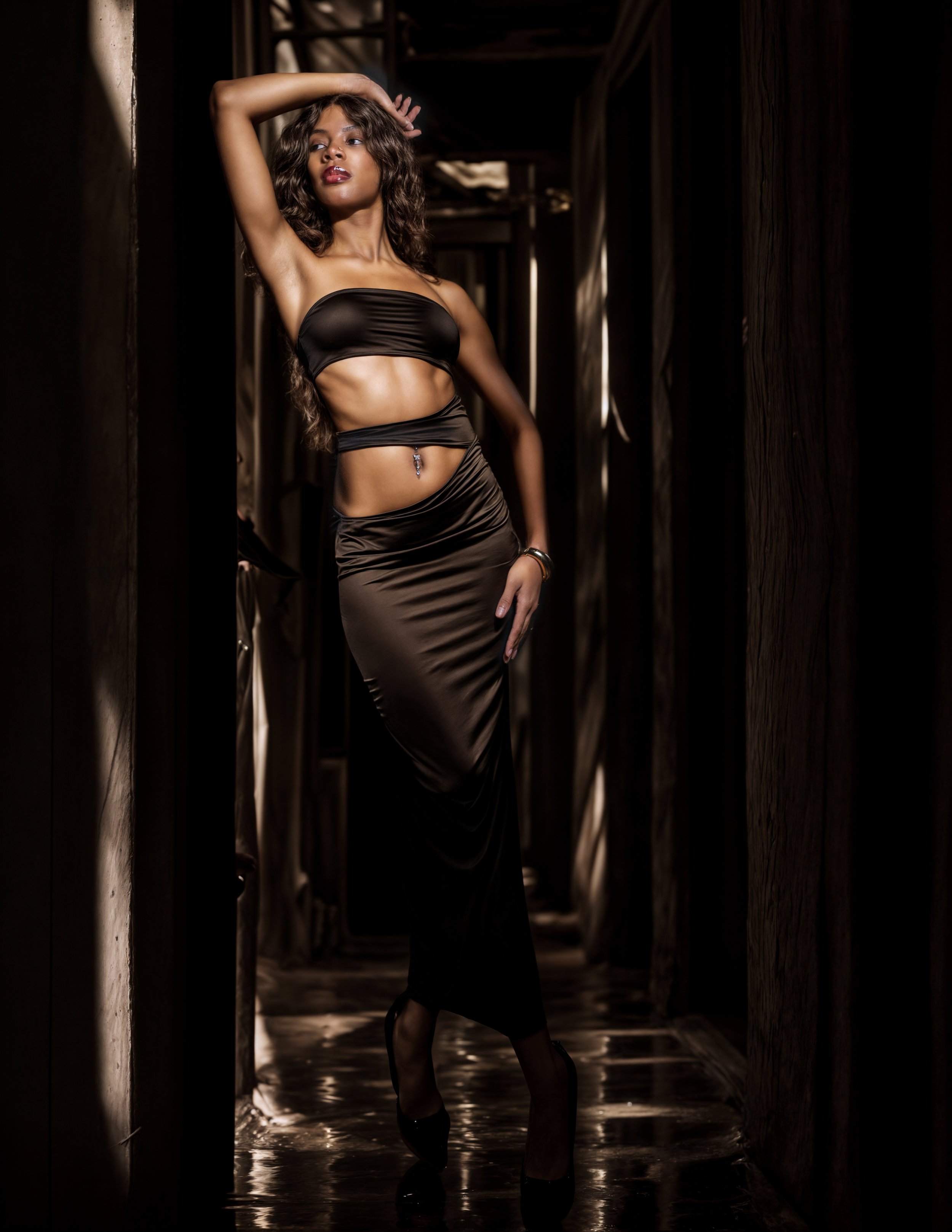 A woman in a black satin two-piece outfit, posing in a dimly lit wooden corridor with her hand over her head.