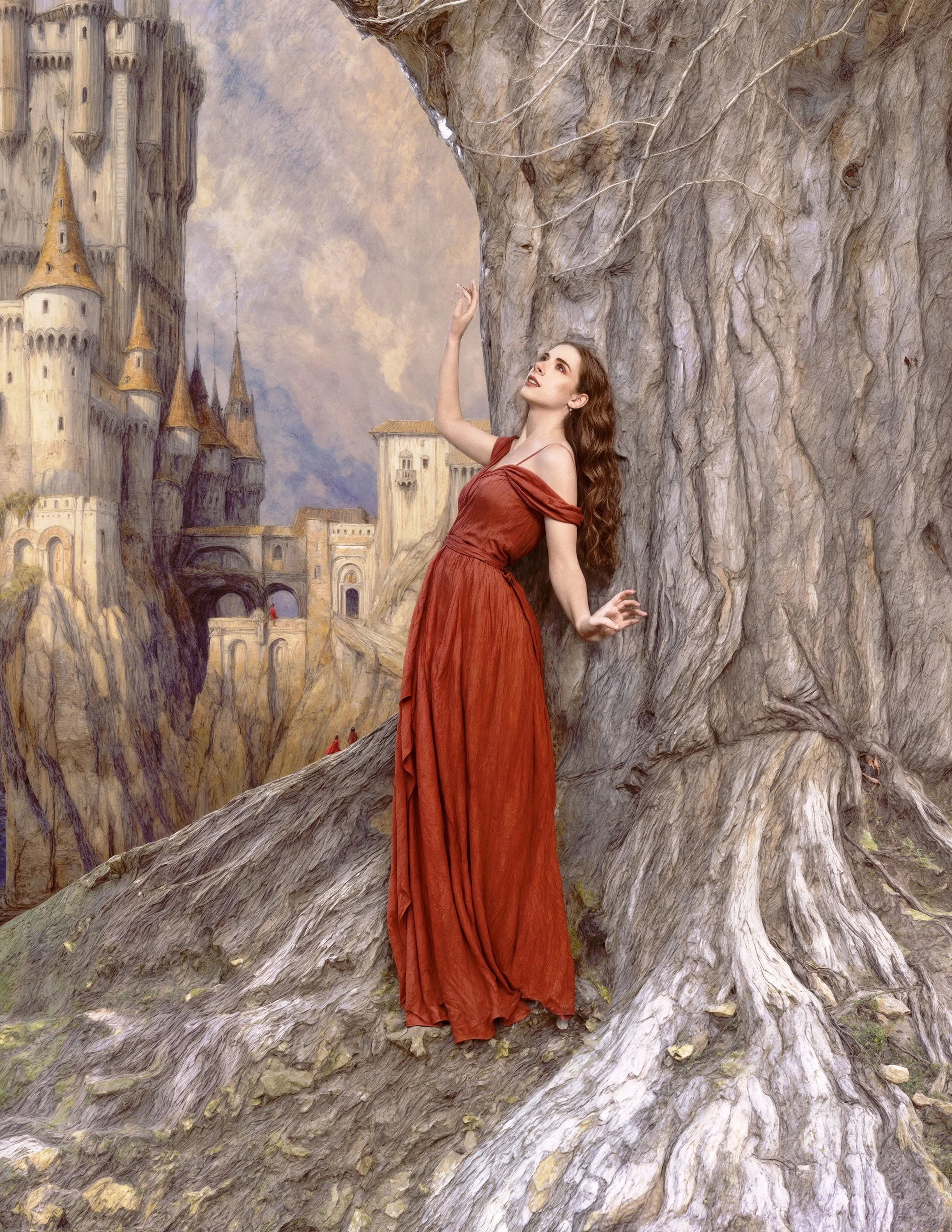 Woman in a long red dress leaning against a large tree with a castle in the background.