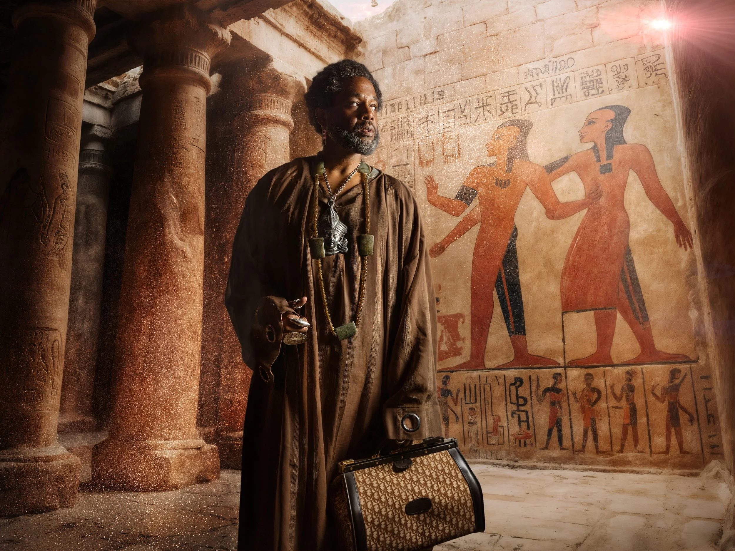 A man dressed in traditional clothing with jewelry, holding a patterned suitcase, standing in an ancient Egyptian temple with hieroglyphics and wall paintings of Egyptian gods and figures.