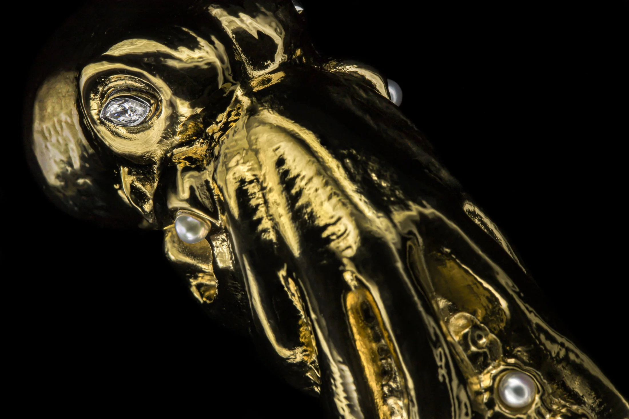 Close-up of a shiny gold-colored object, resembling a metallic insect or creature, with pearl-like details and reflective surfaces, set against a black background.