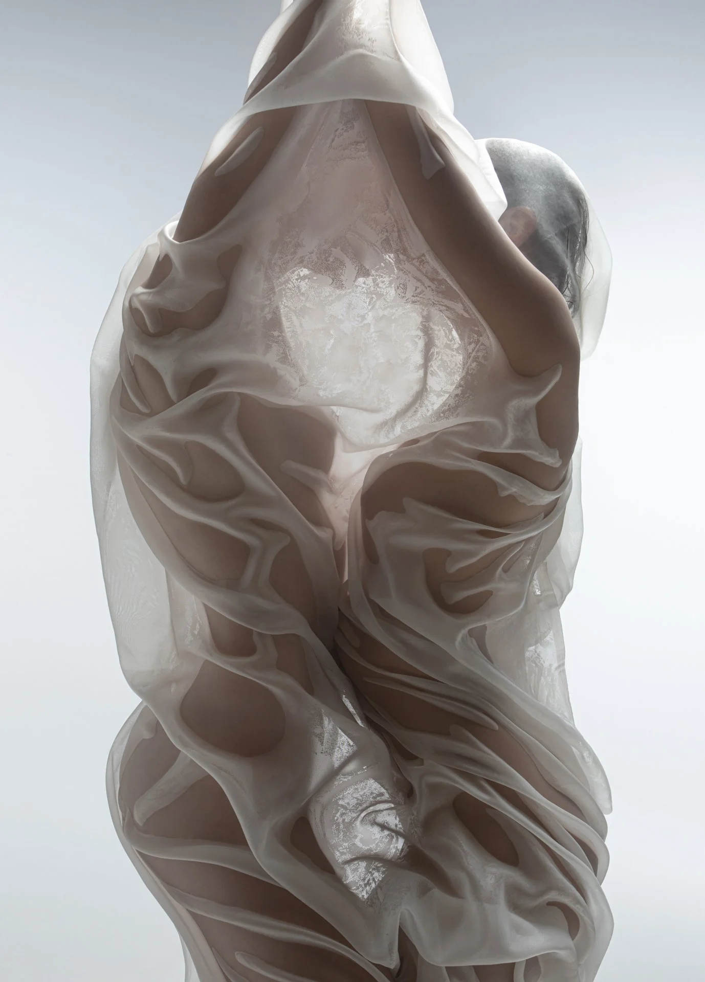 Artistic photograph of a human figure draped in semi-transparent, flowing fabric with abstract, organic shapes and soft lighting.